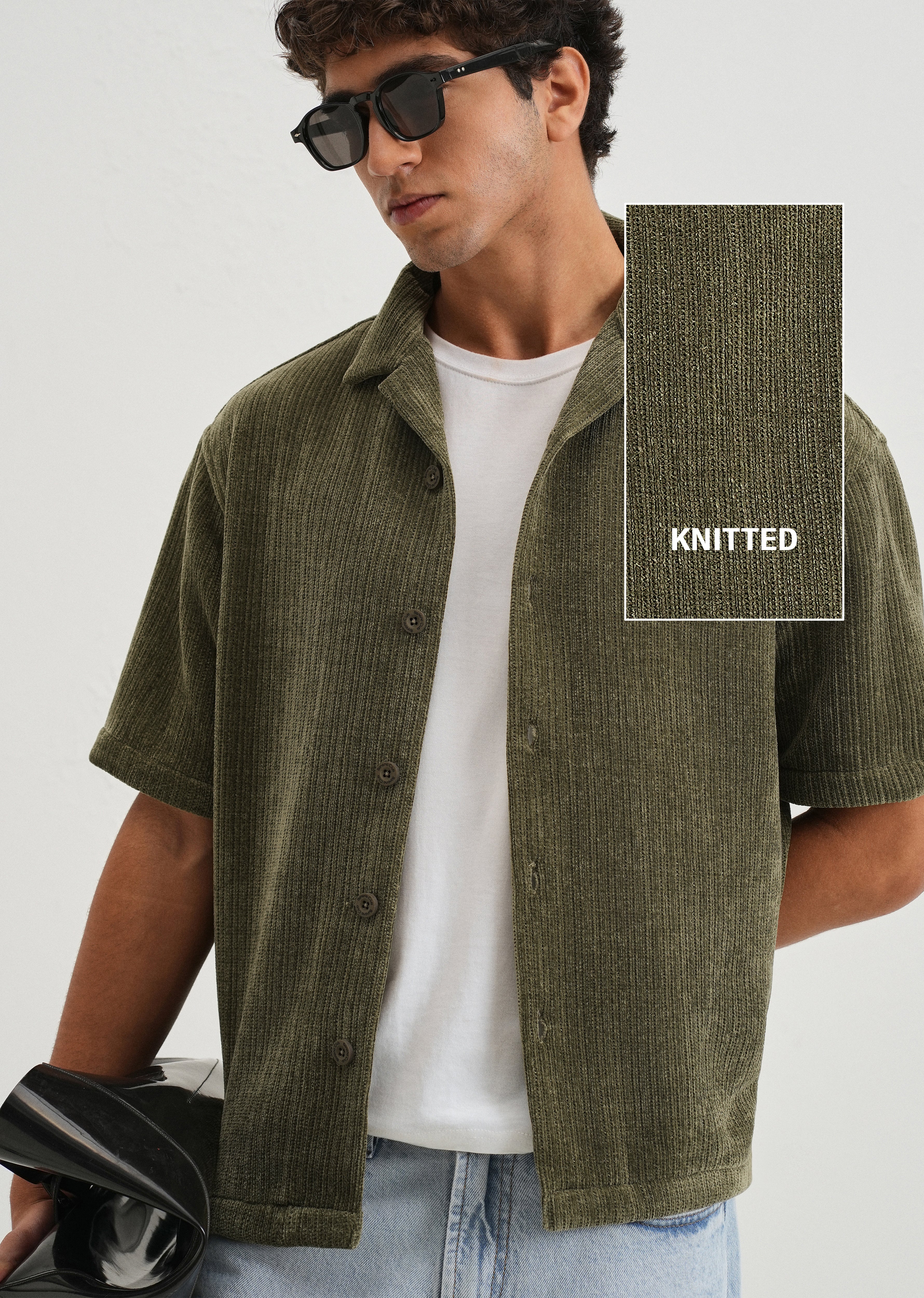 Green Suede Knit Cuban Collar Shirt - Image 7