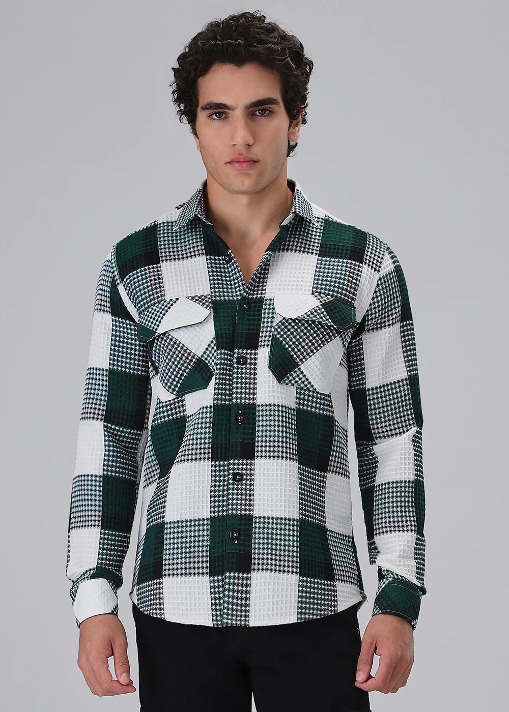 Green Waffle Plaid Check Shirt - Image 3