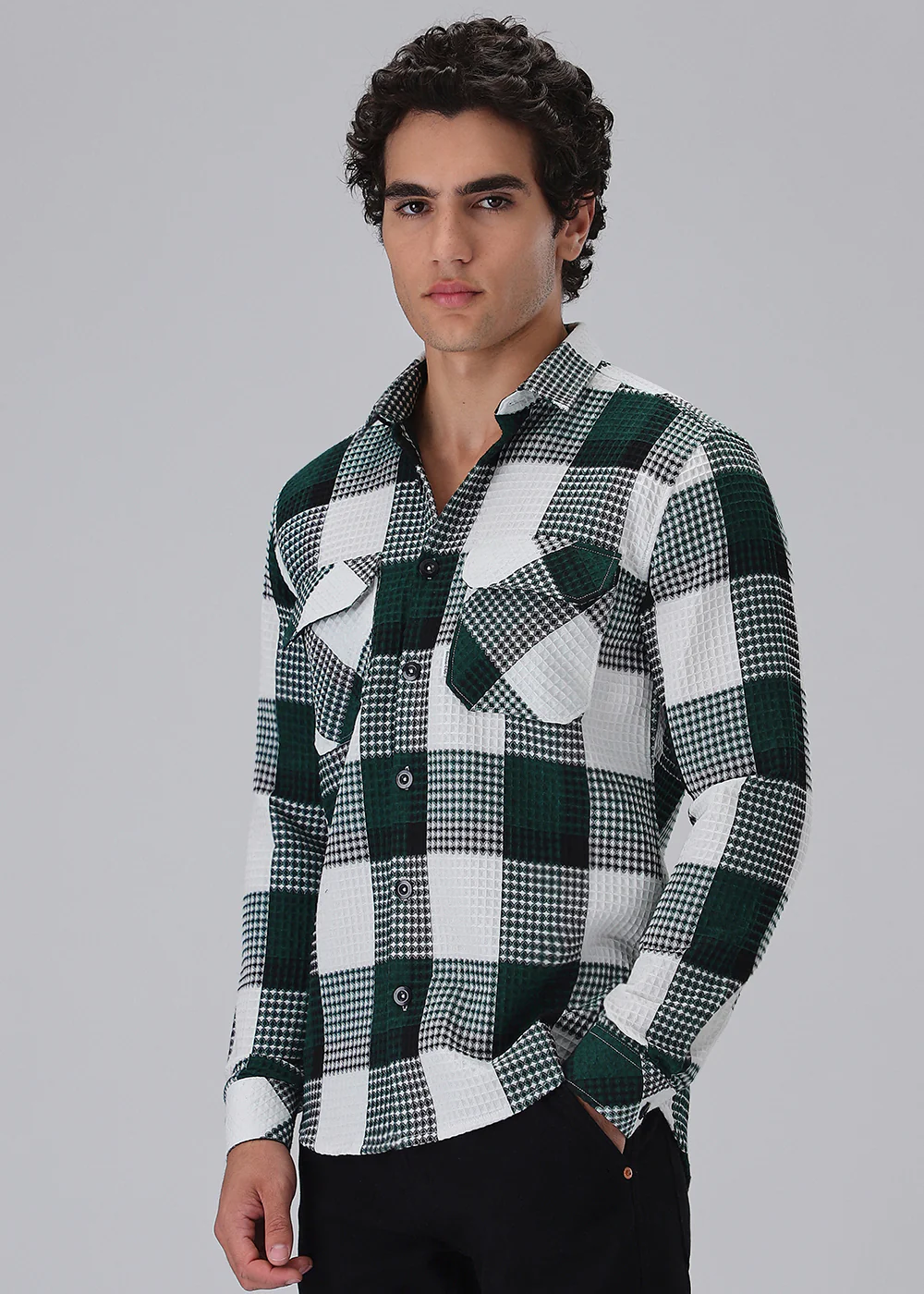 Green Waffle Plaid Check Shirt - Image 6