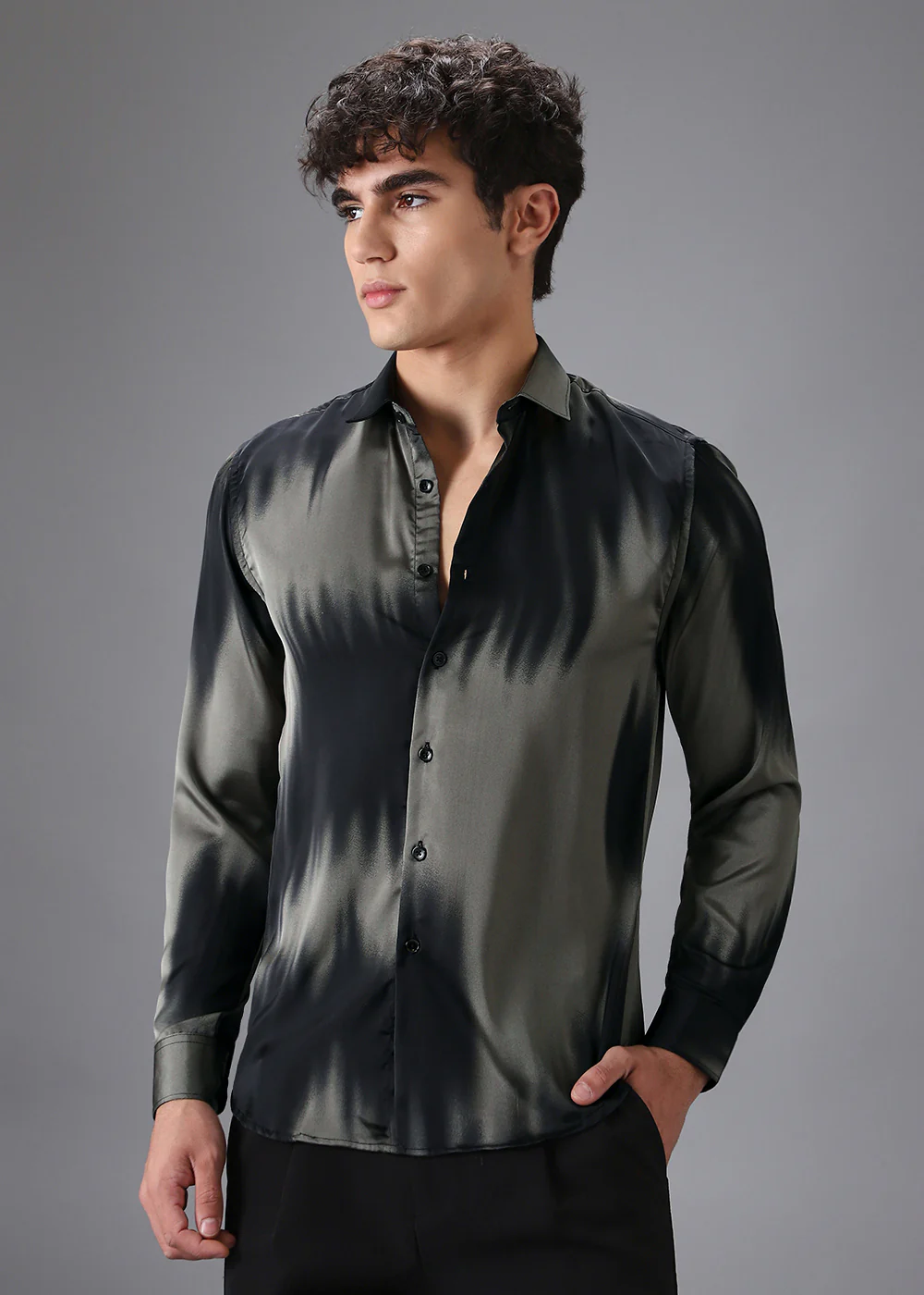 Greenish Black Abstract Printed Shirt - Image 3