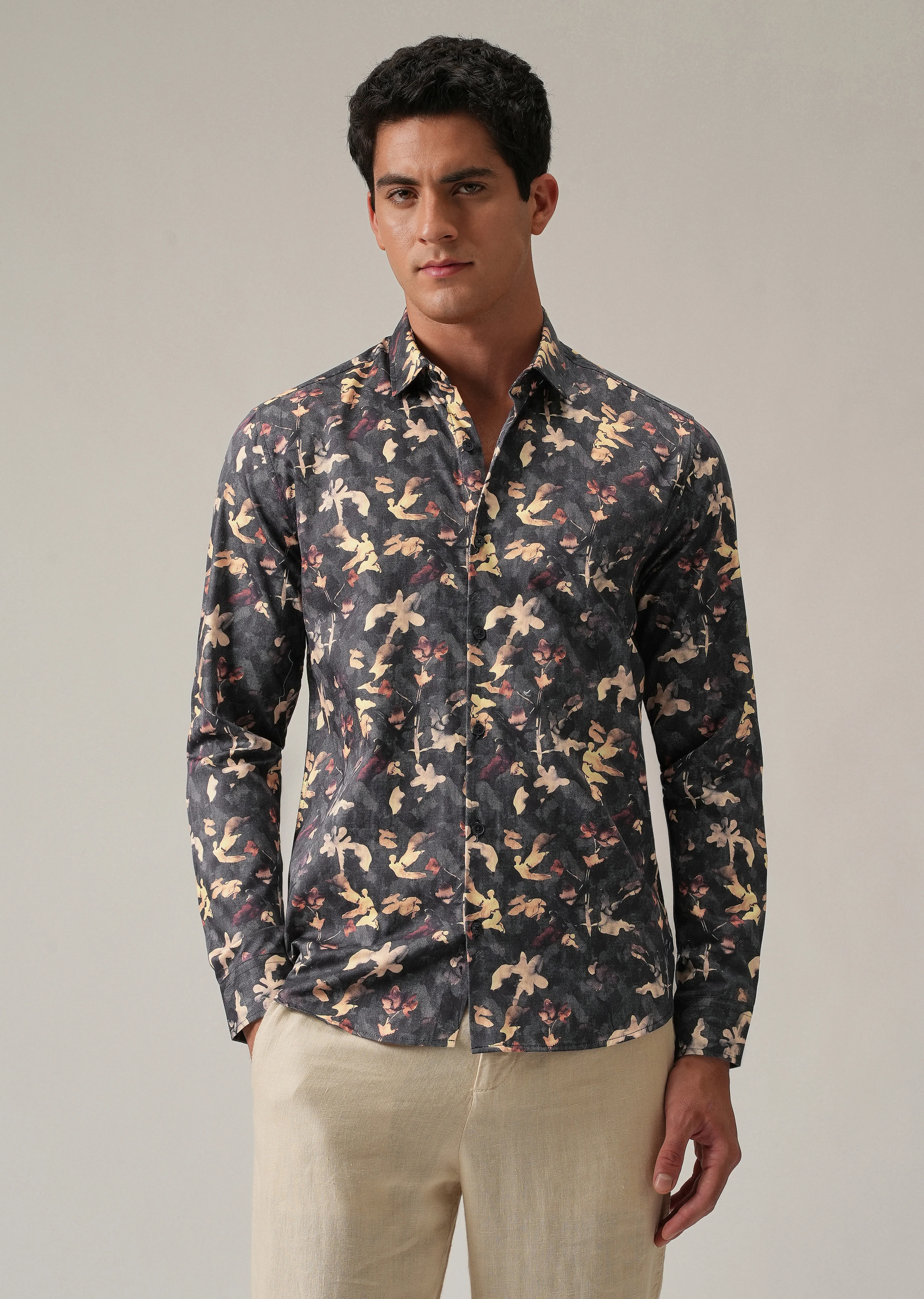 Grey Abstract Floral Print Shirt - Image 3