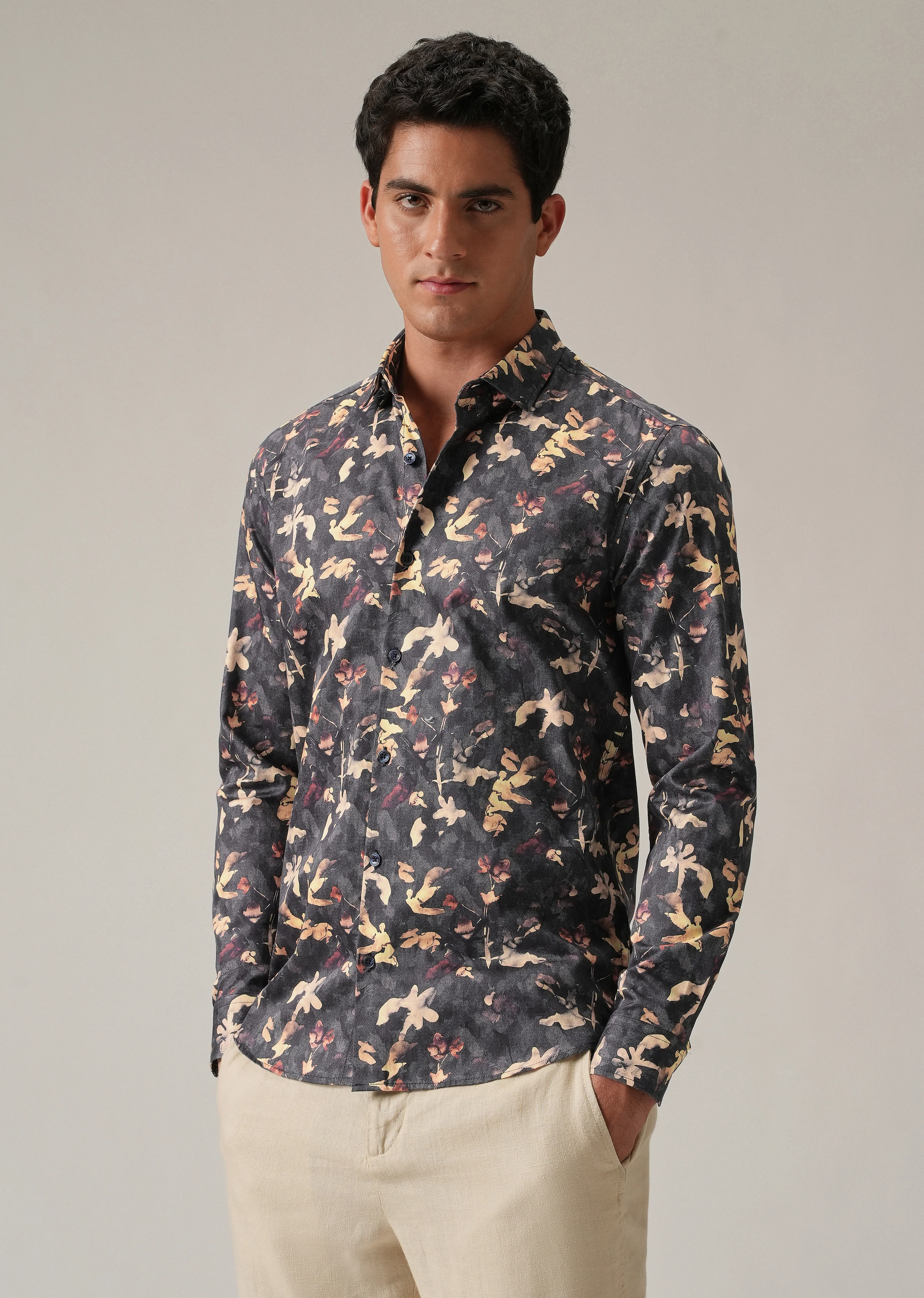 Grey Abstract Floral Print Shirt - Image 4