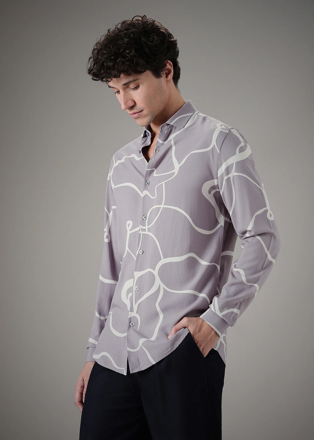 Grey Abstract Line Printed Shirt - Image 5