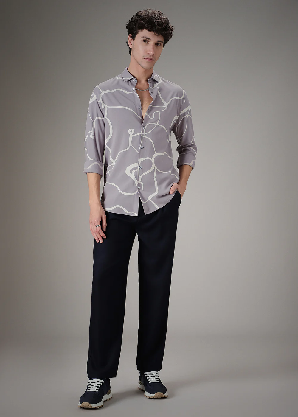 Grey Abstract Line Printed Shirt - Image 6