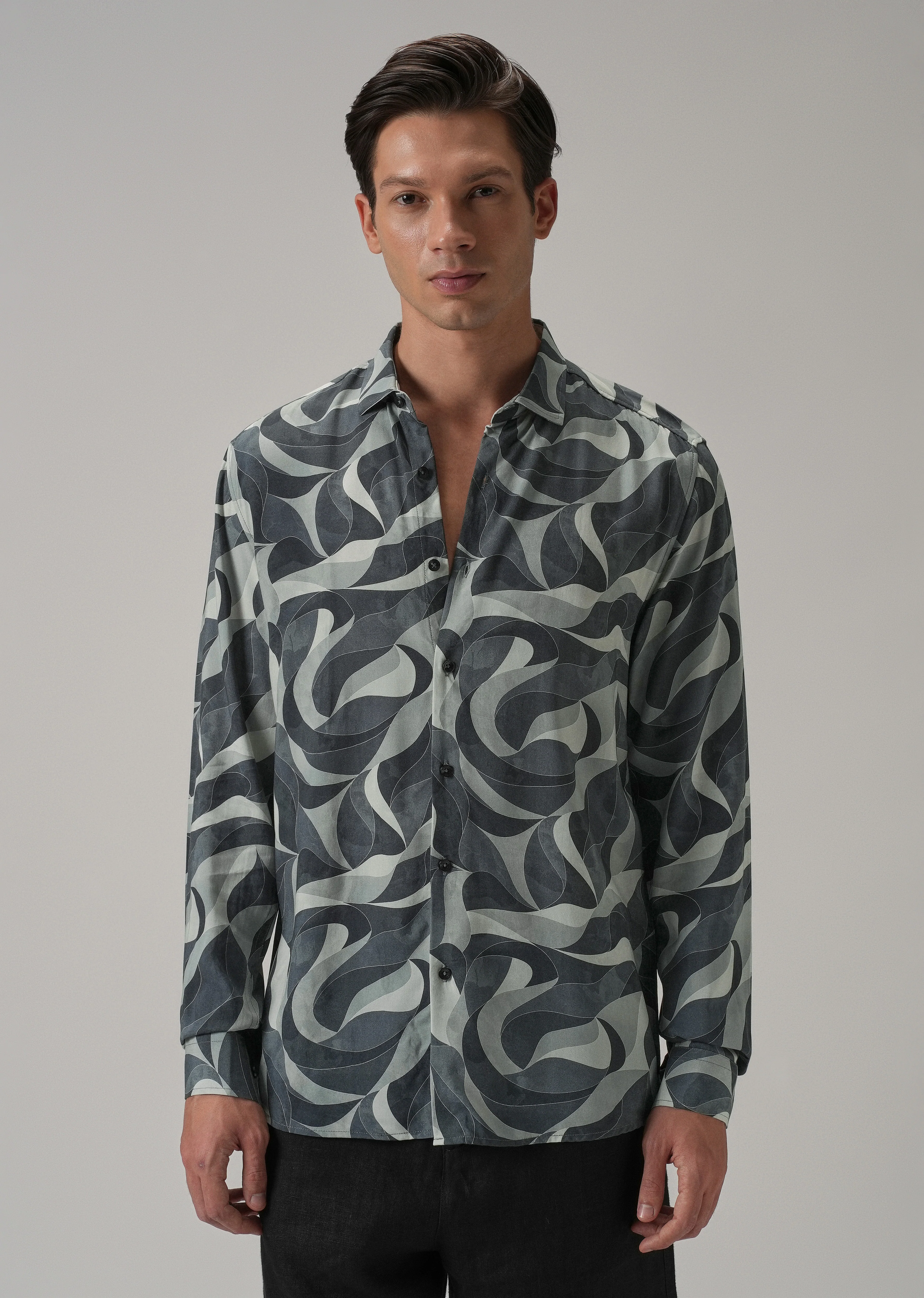 Grey Abstract Swirl Printed Shirt - Image 3