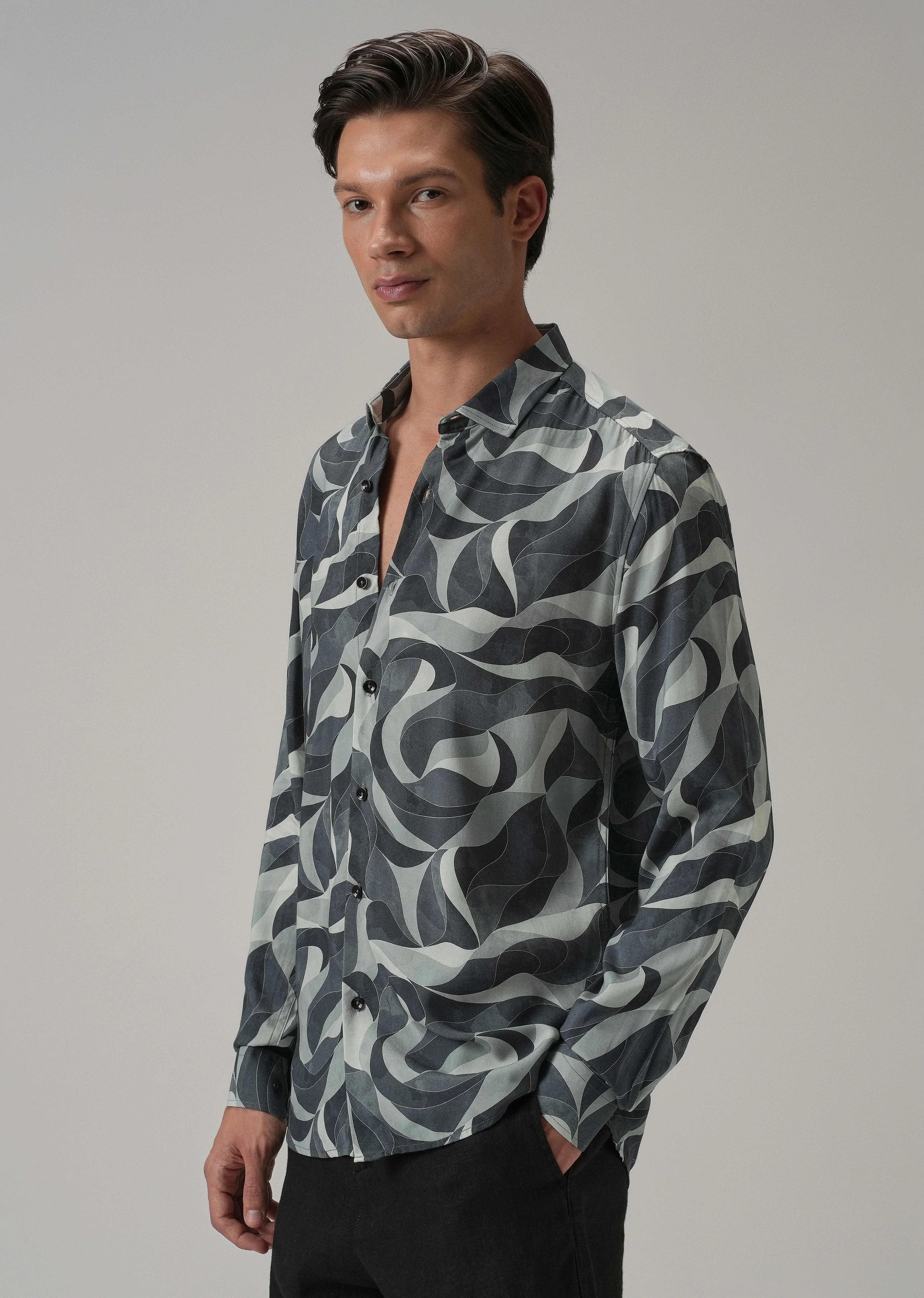 Grey Abstract Swirl Printed Shirt - Image 4