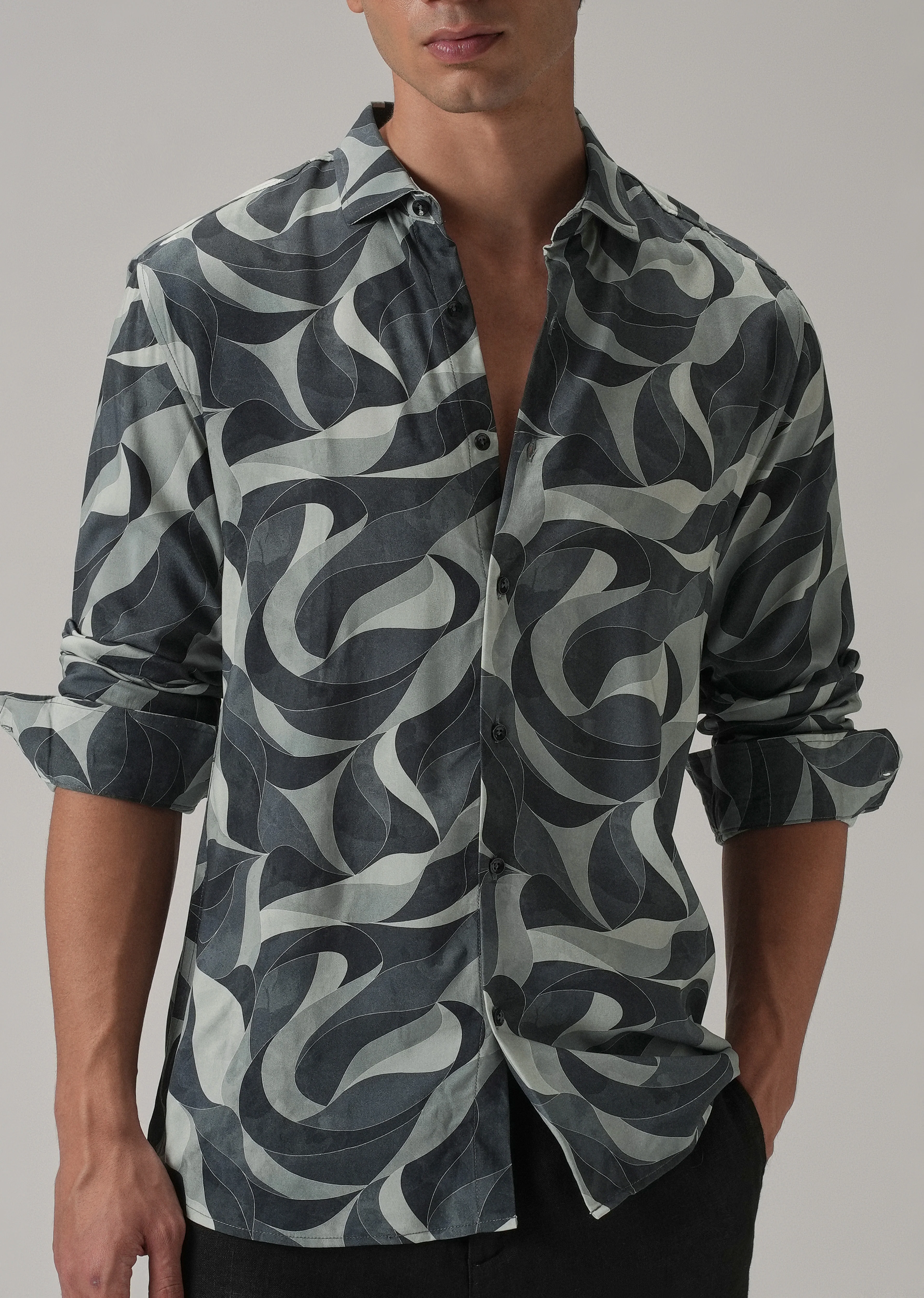 Grey Abstract Swirl Printed Shirt - Image 7