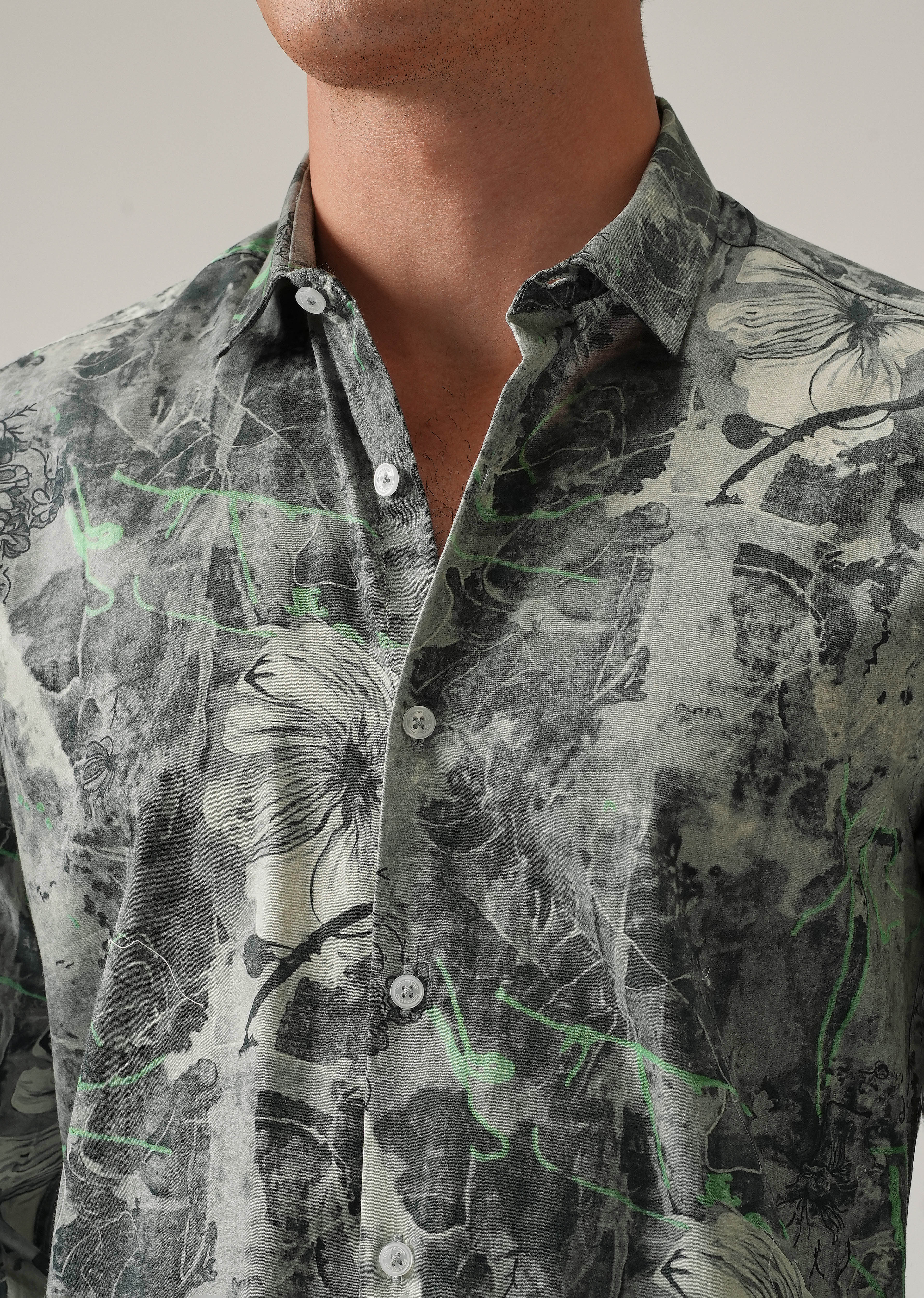 Grey Artistic Floral Print Shirt - Image 5