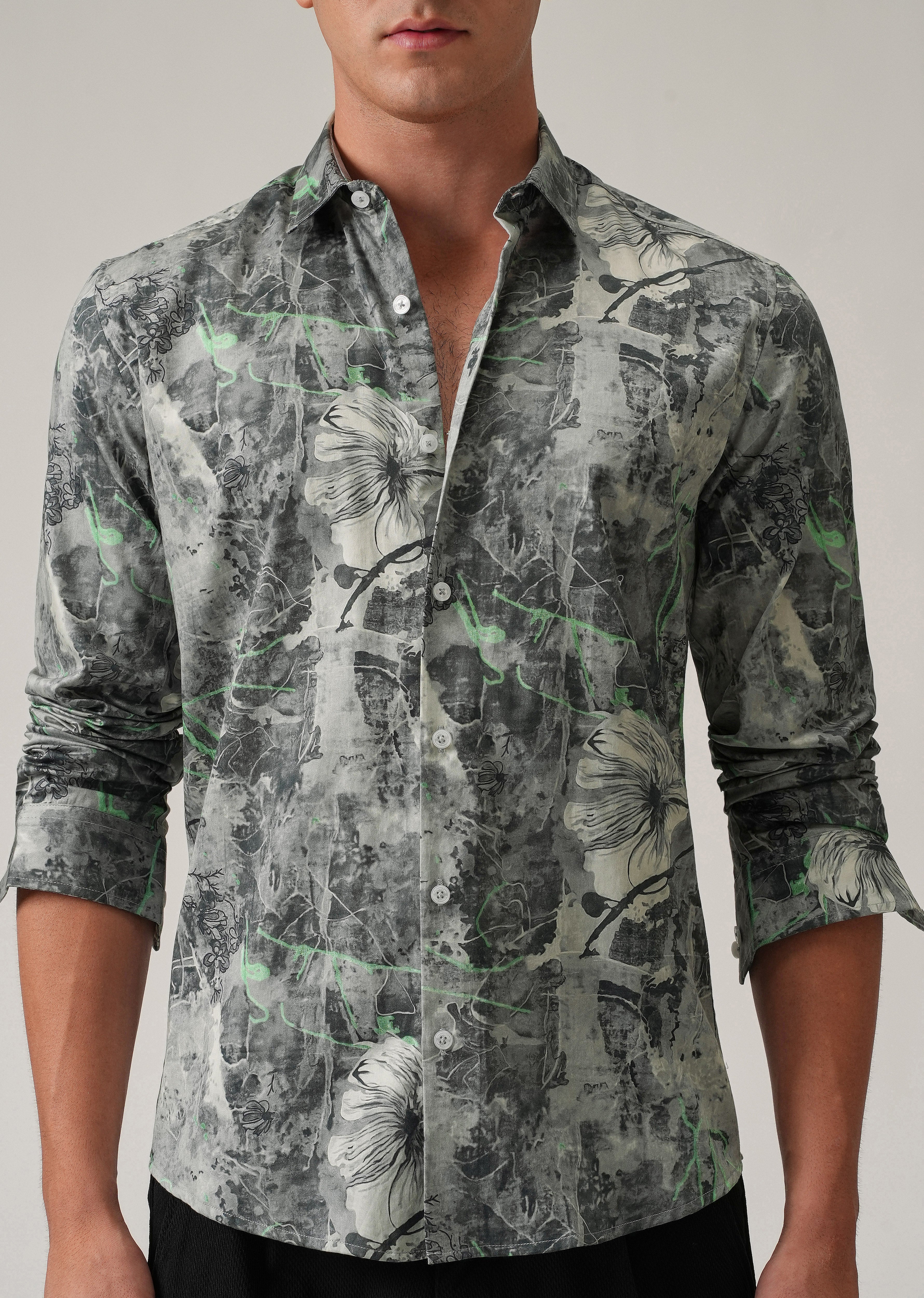 Grey Artistic Floral Print Shirt - Image 7