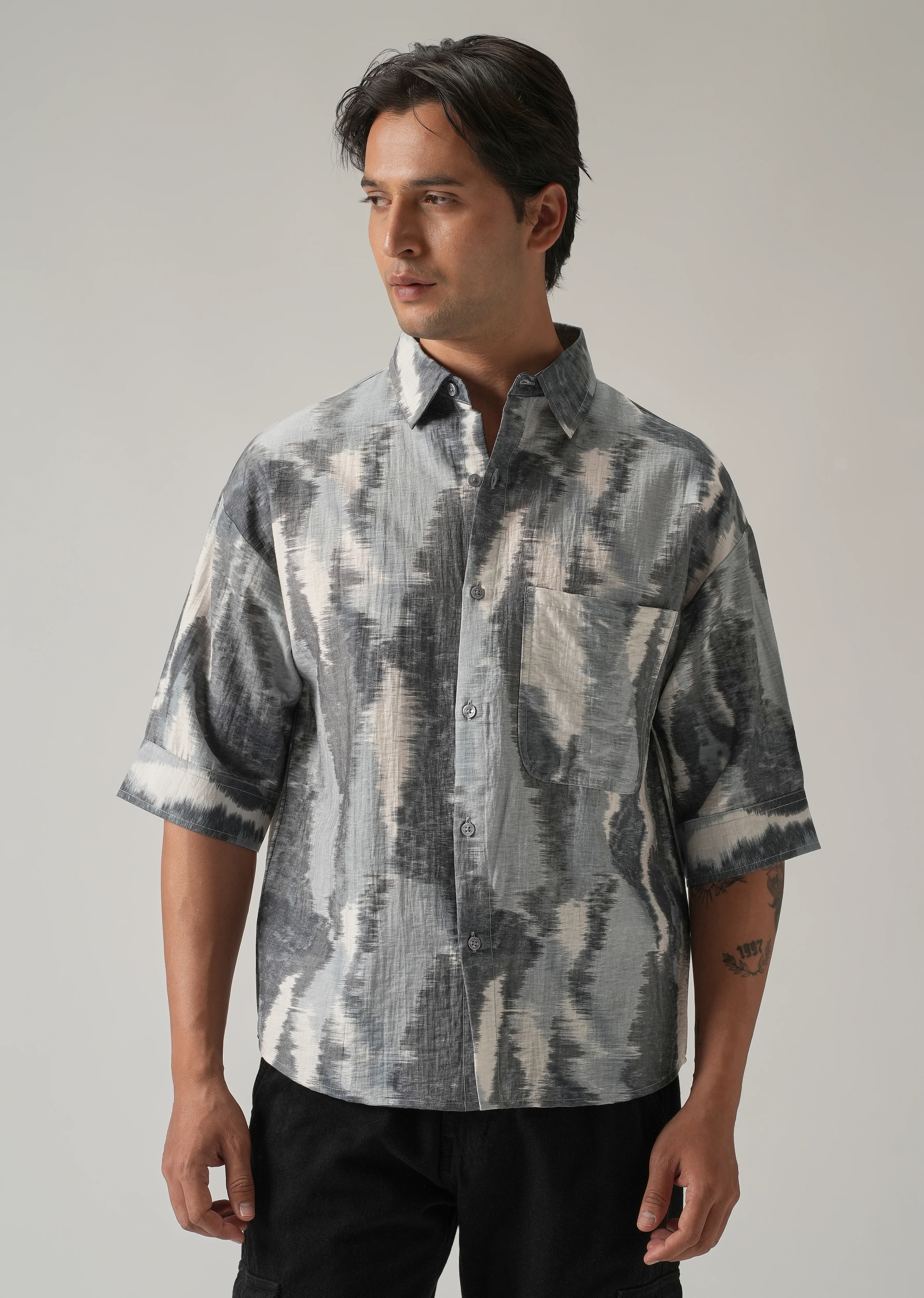 Grey Boxy Fit Abstract Printed Shirt - Image 3
