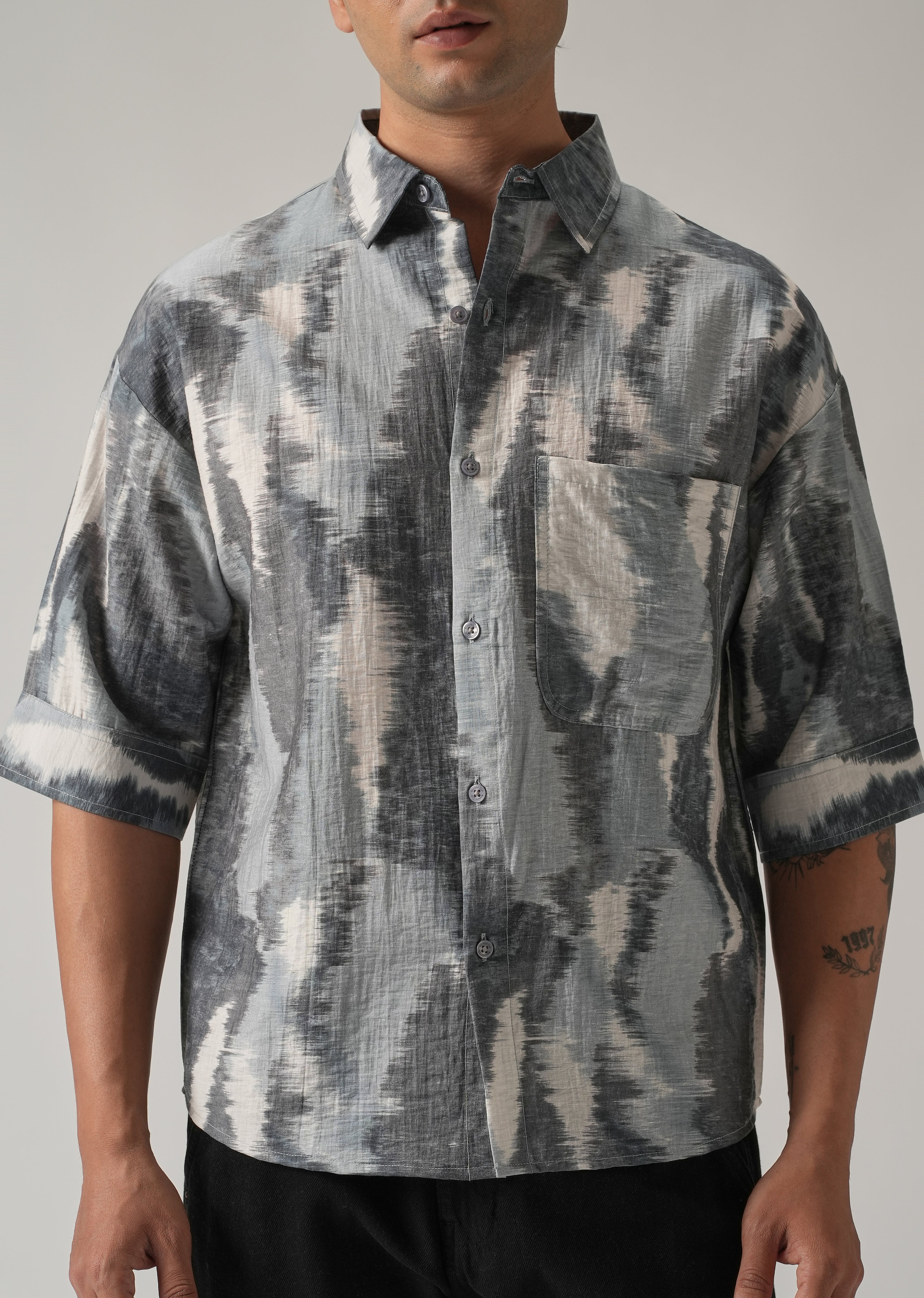 Grey Boxy Fit Abstract Printed Shirt - Image 7