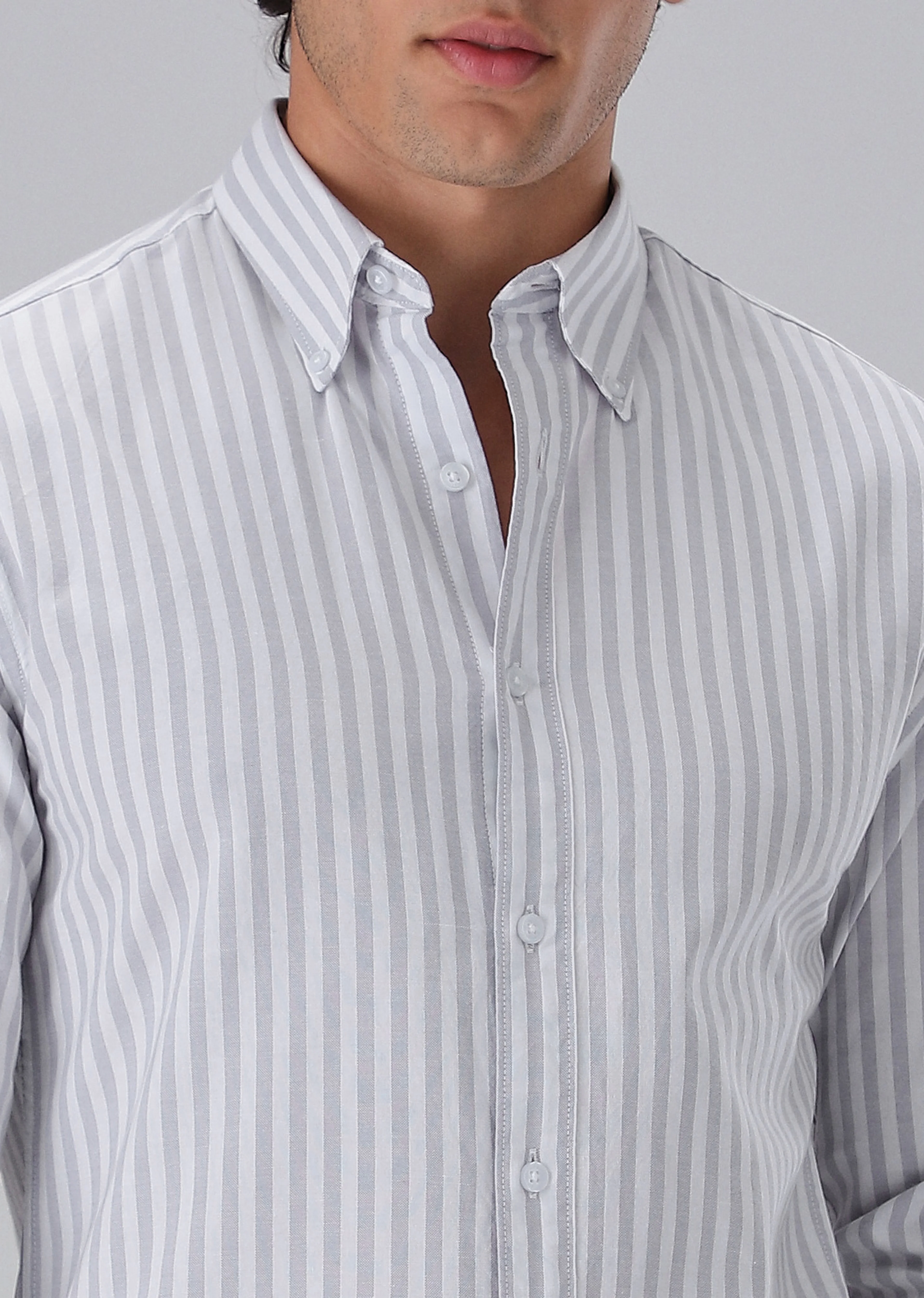 Grey Cotton Oxford Stripe Shirt - Image 2