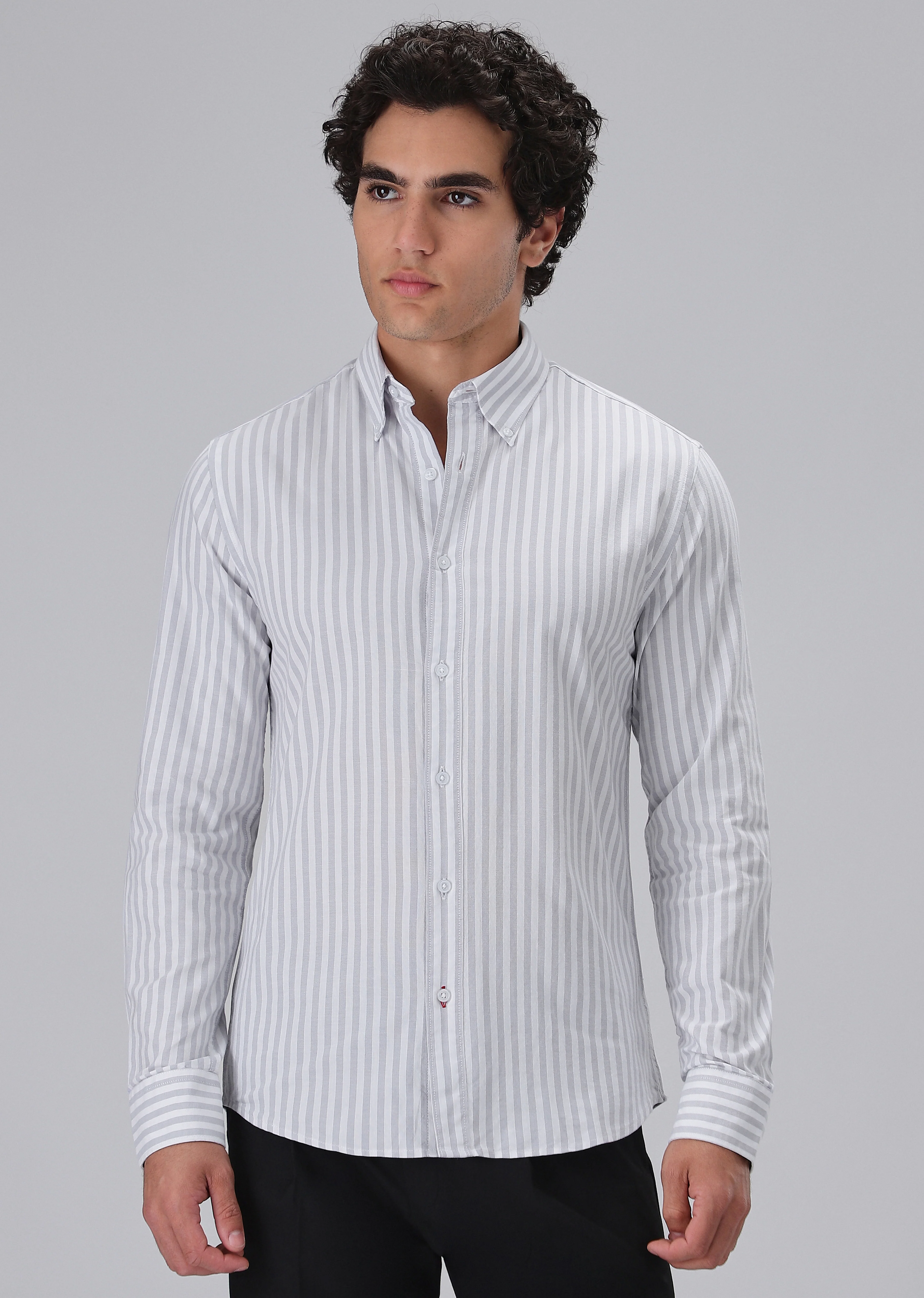 Grey Cotton Oxford Stripe Shirt - Image 3
