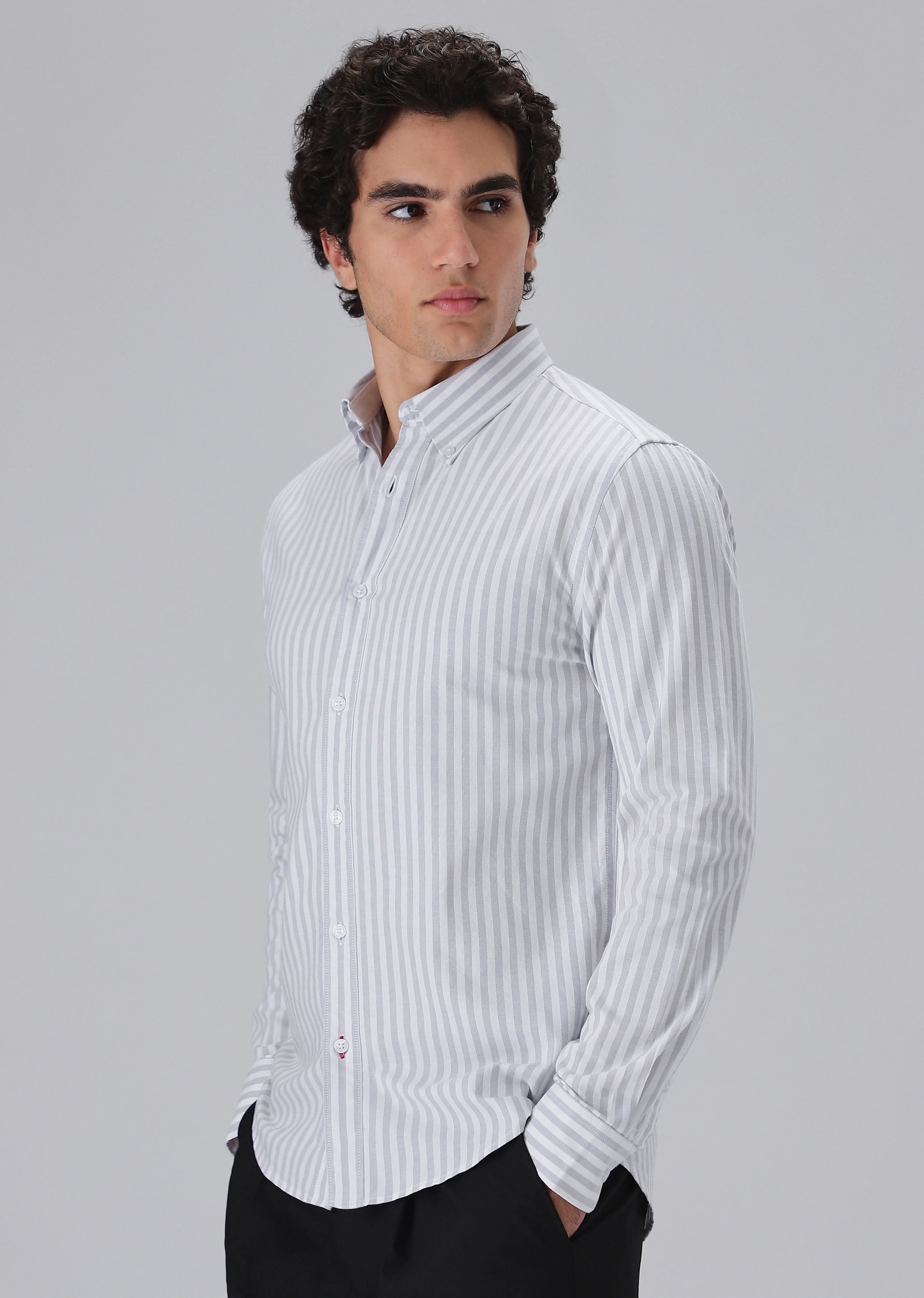 Grey Cotton Oxford Stripe Shirt - Image 5