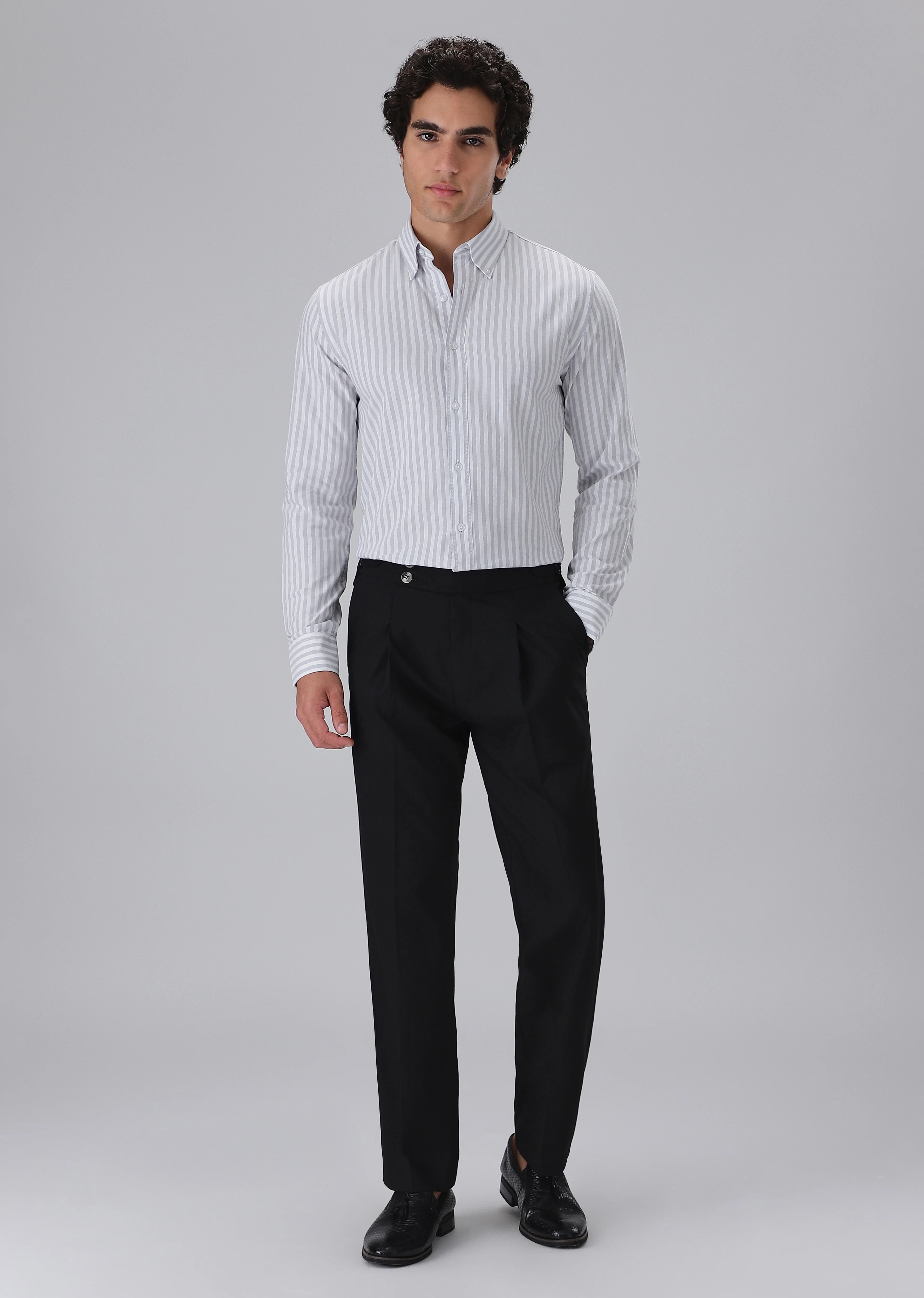 Grey Cotton Oxford Stripe Shirt - Image 6