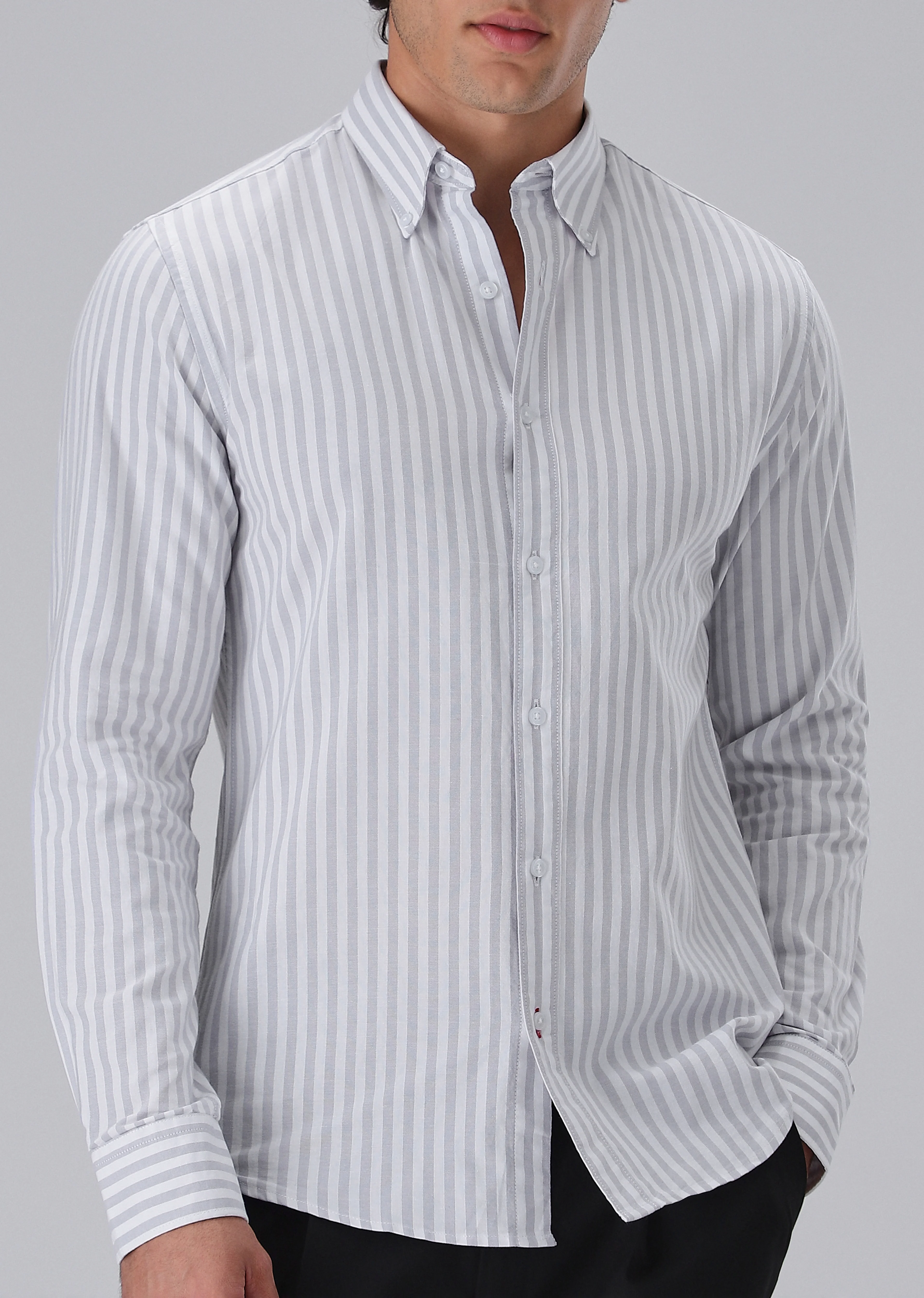 Grey Cotton Oxford Stripe Shirt - Image 7