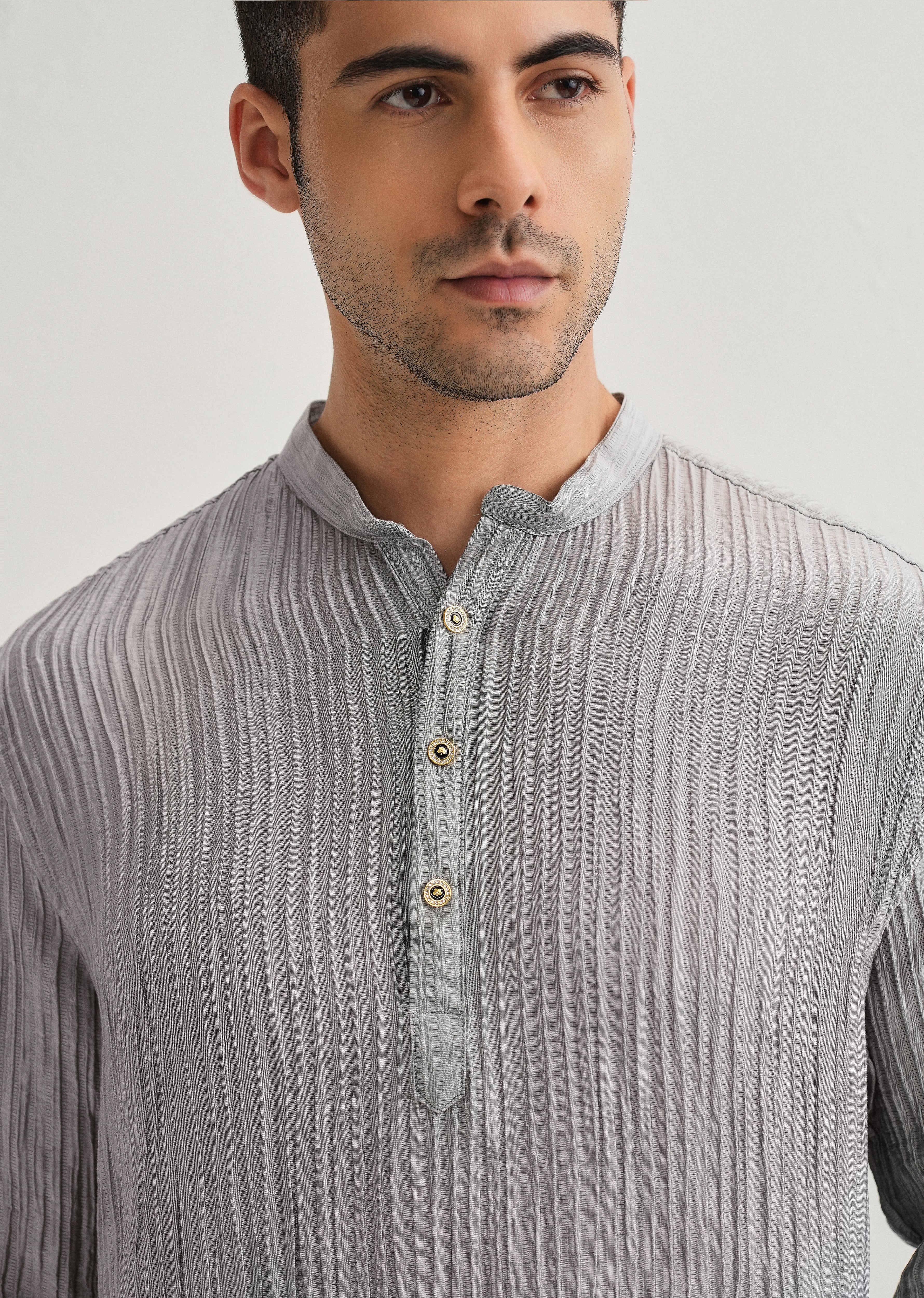 Grey Crinkled Stripe Kurta - Image 6