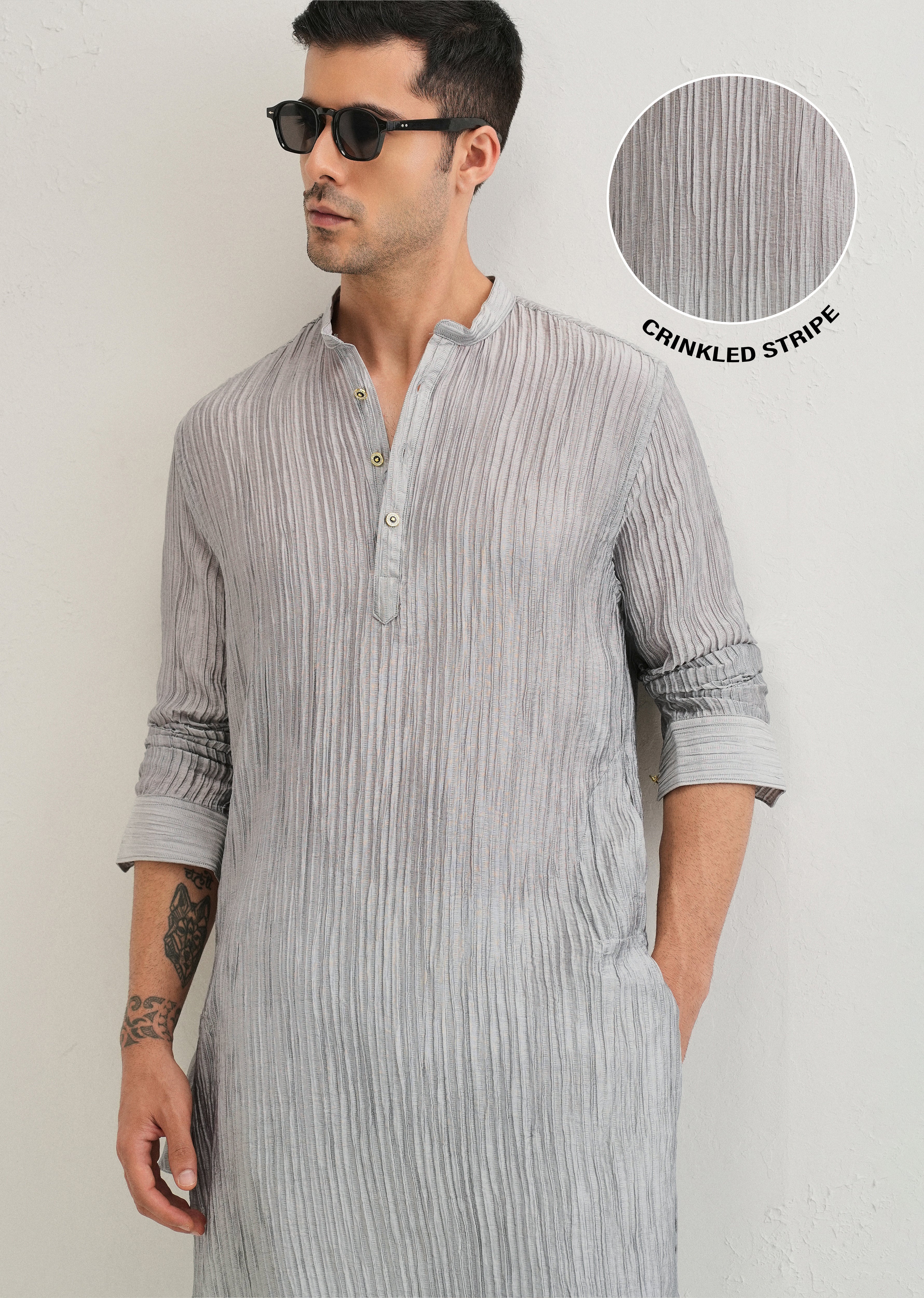 Grey Crinkled Stripe Kurta - Image 8
