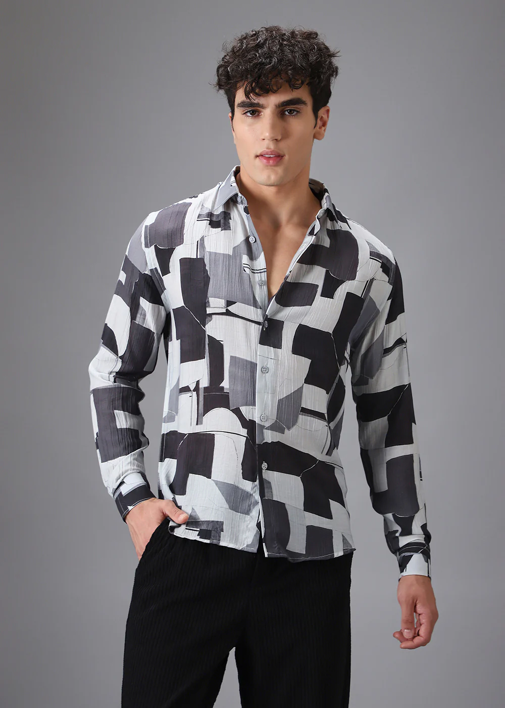 Grey Crushed Printed Shirt - Image 3