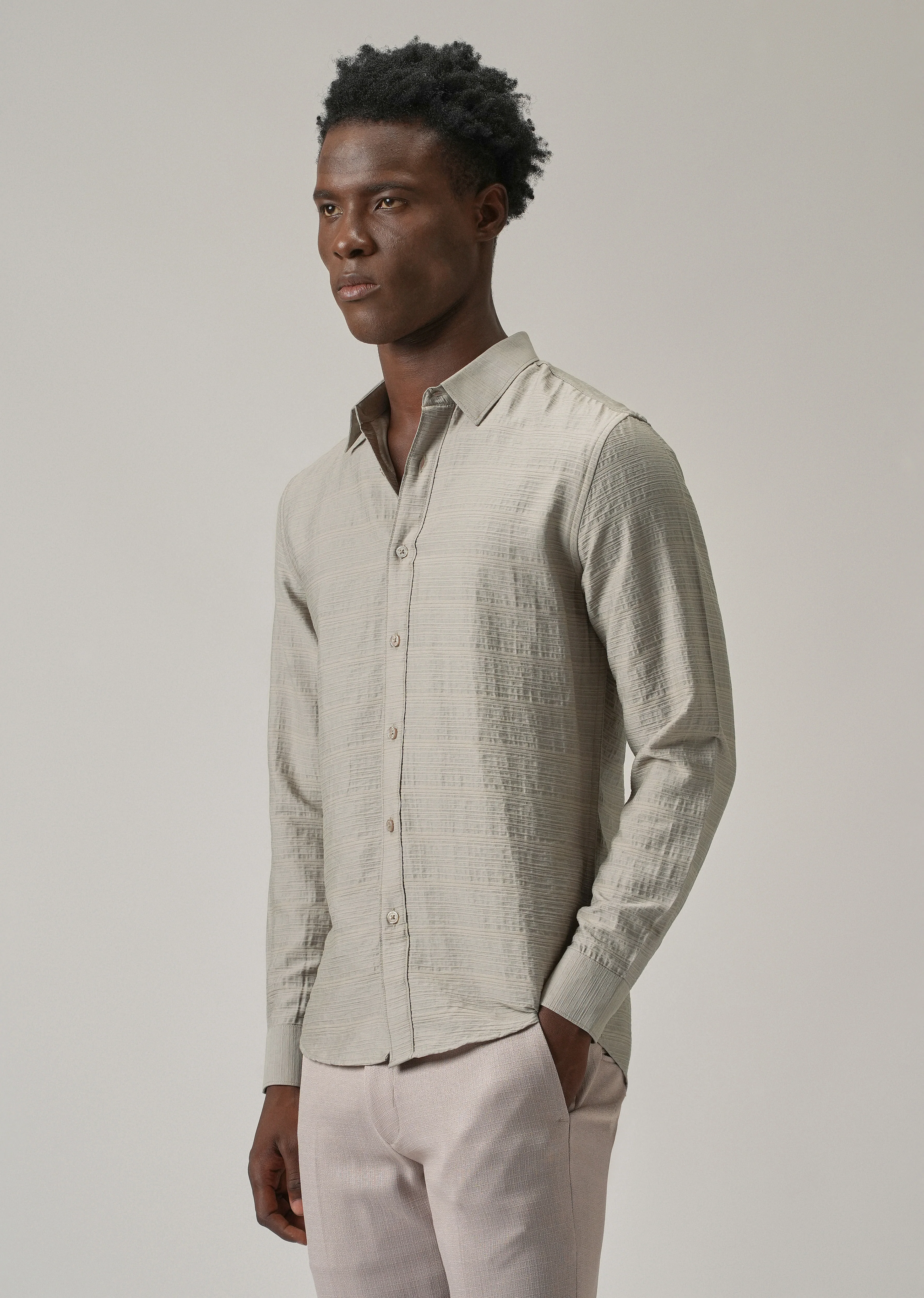 Grey Crushed Self Stripe Shirt - Image 4