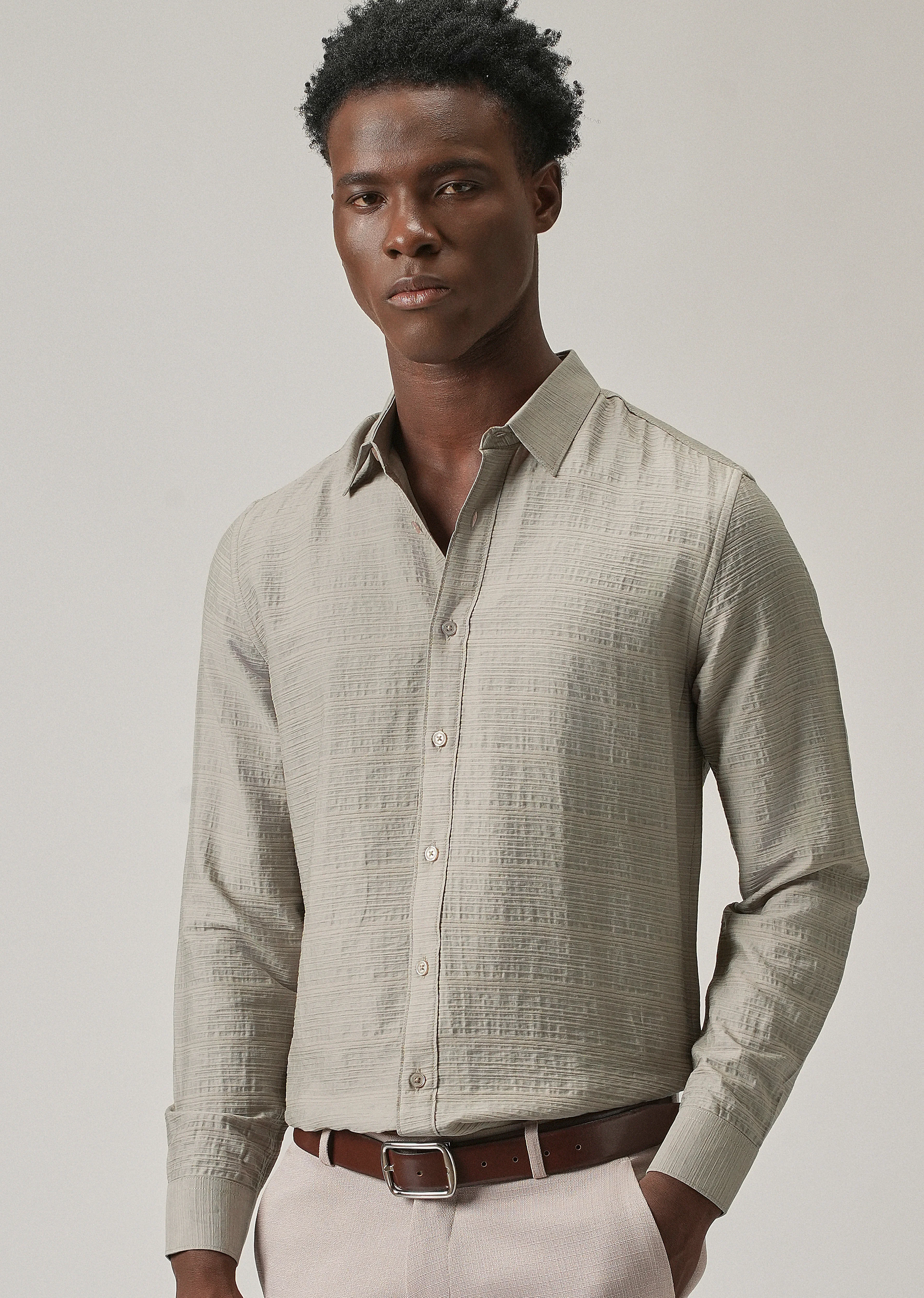 Grey Crushed Self Stripe Shirt - Image 7