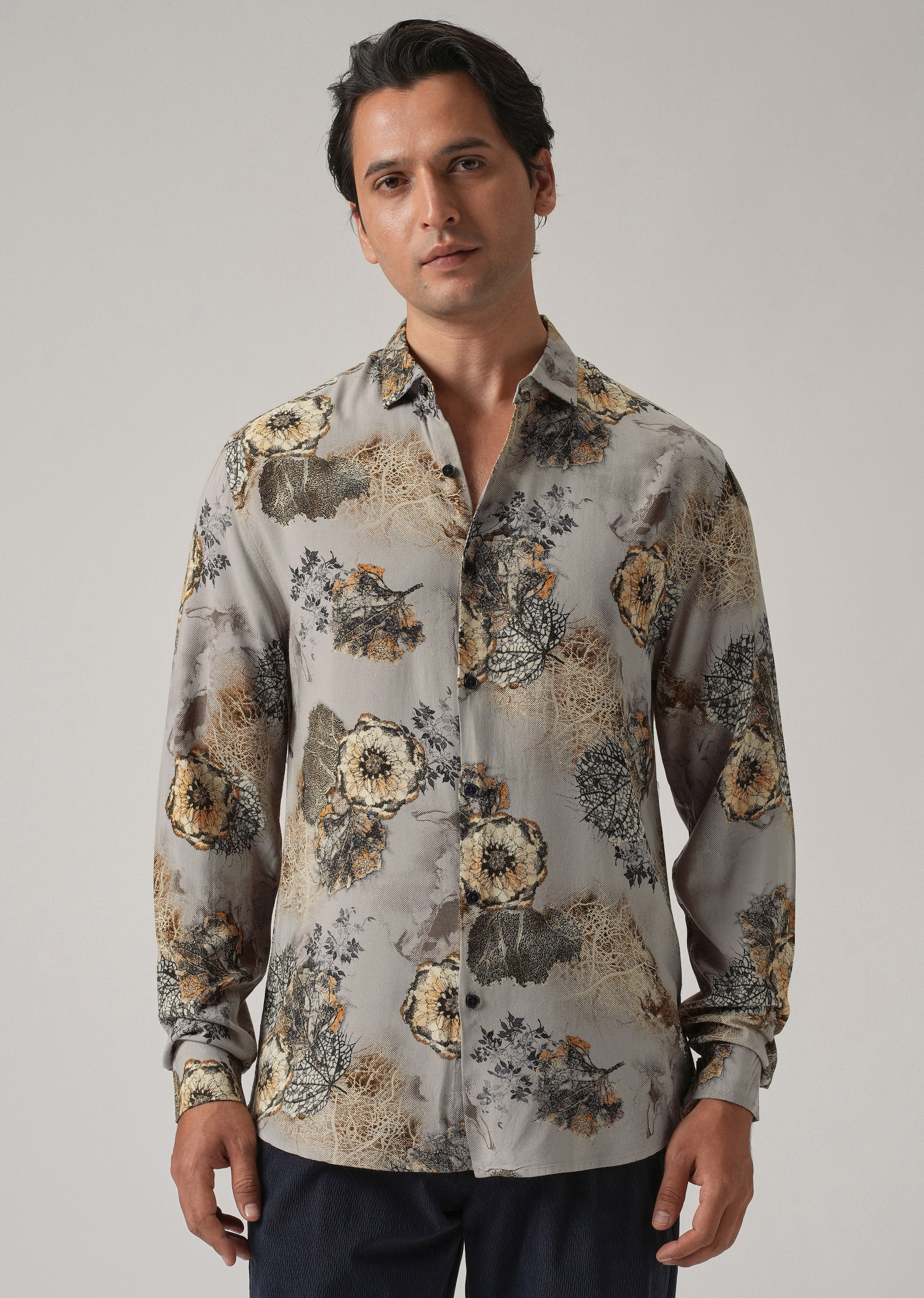 Grey Flora Print Feather Shirt - Image 3