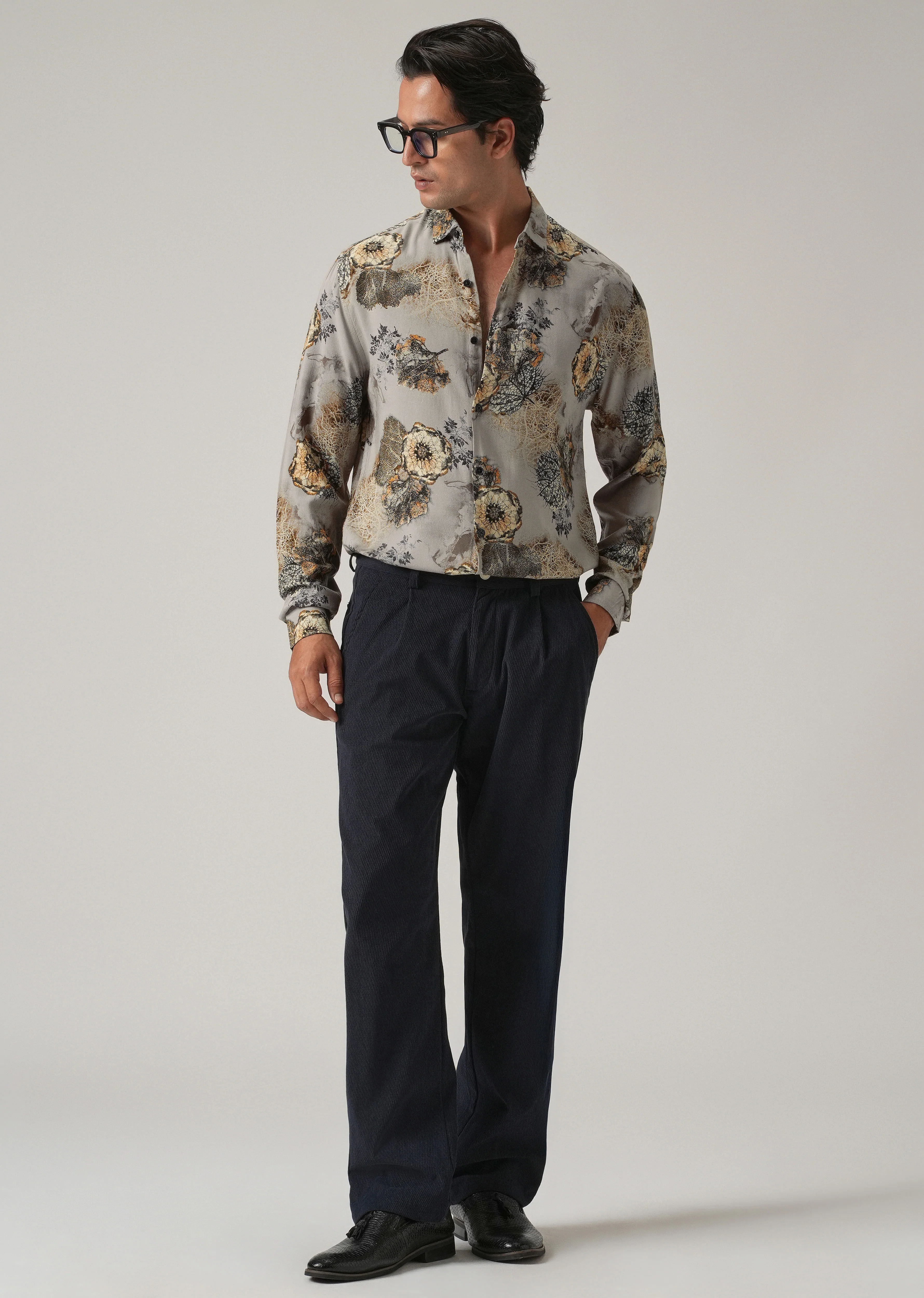 Grey Flora Print Feather Shirt - Image 6
