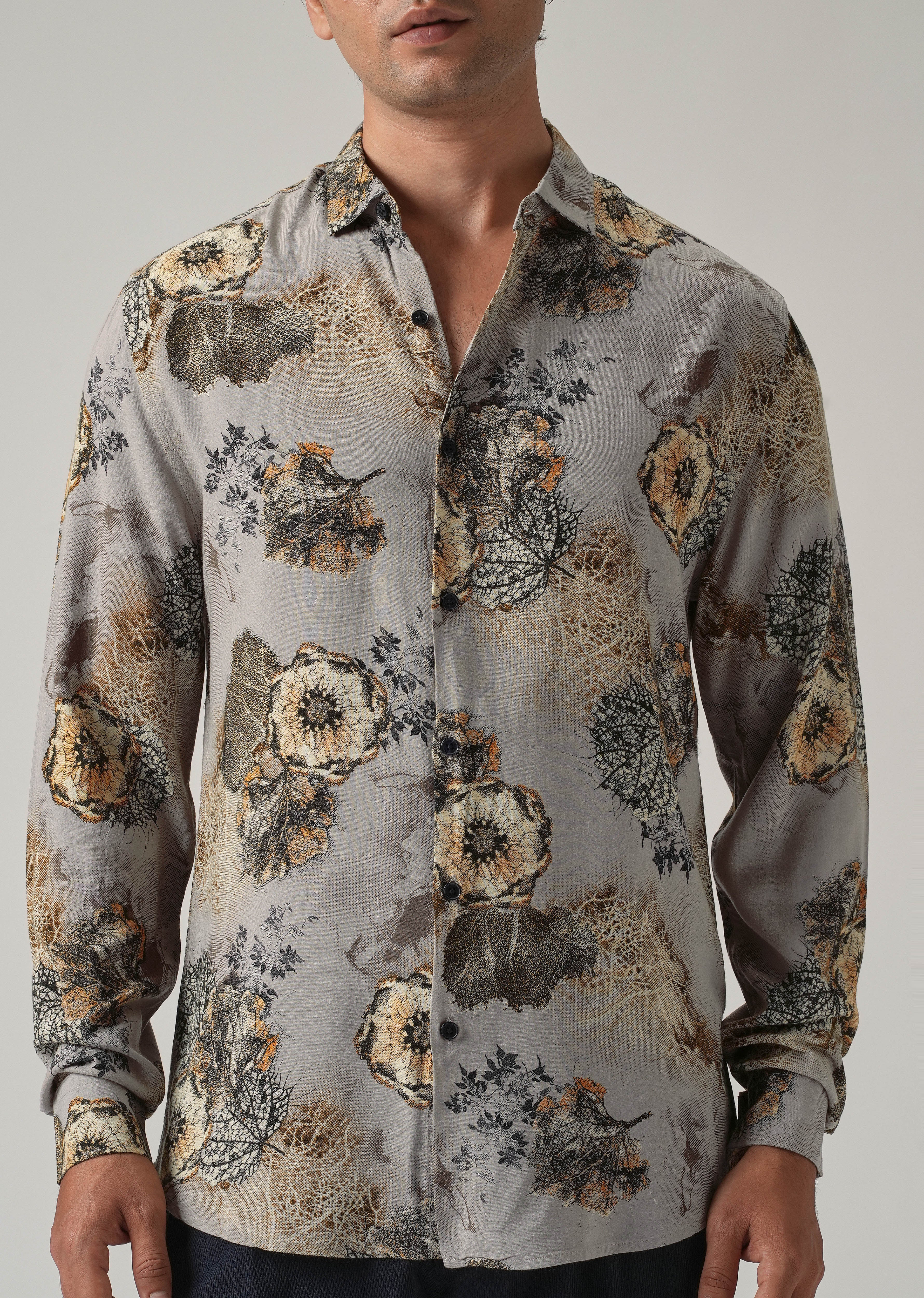 Grey Flora Print Feather Shirt - Image 7