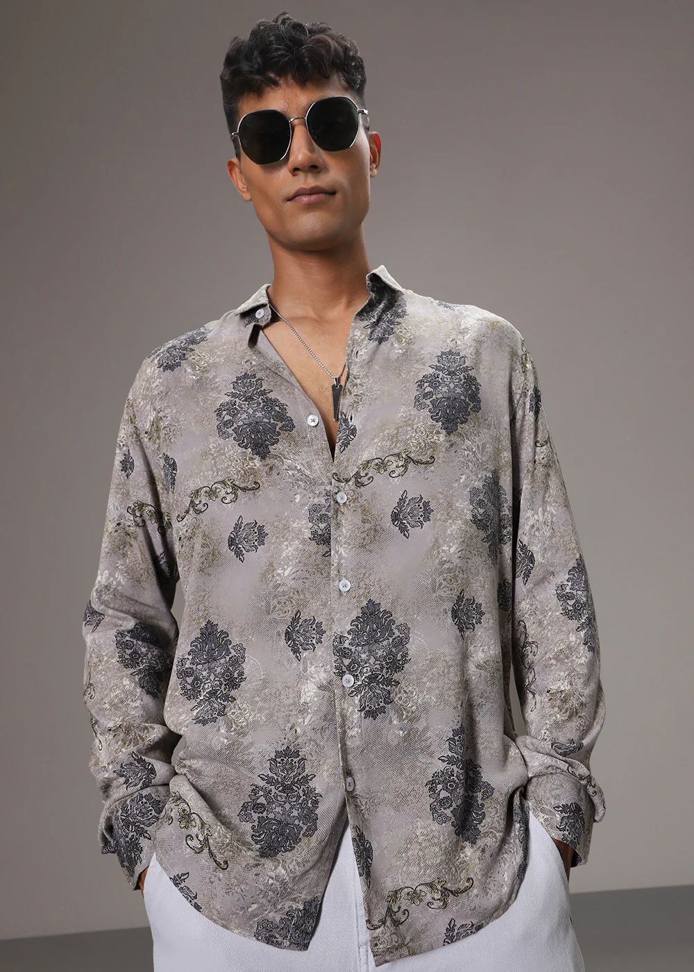 Grey Floral Print Feather Shirt - Image 3