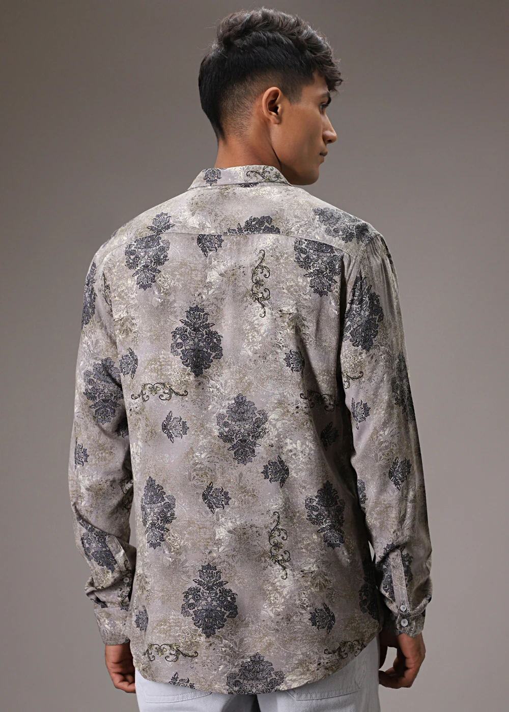 Grey Floral Print Feather Shirt - Image 4
