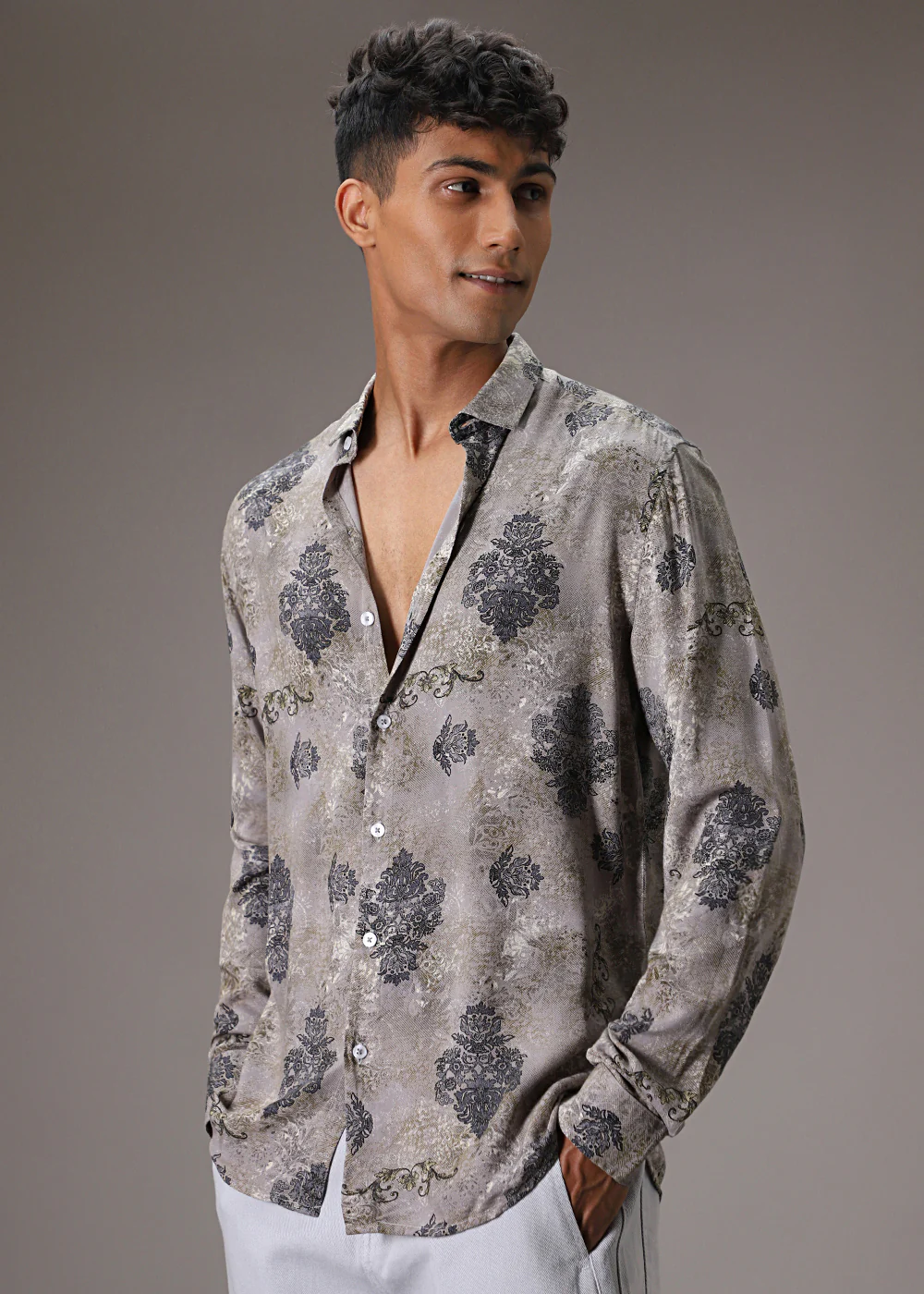 Grey Floral Print Feather Shirt - Image 5
