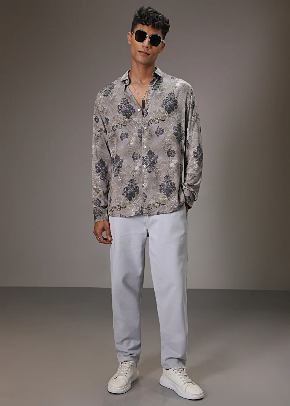 Grey Floral Print Feather Shirt - Image 6