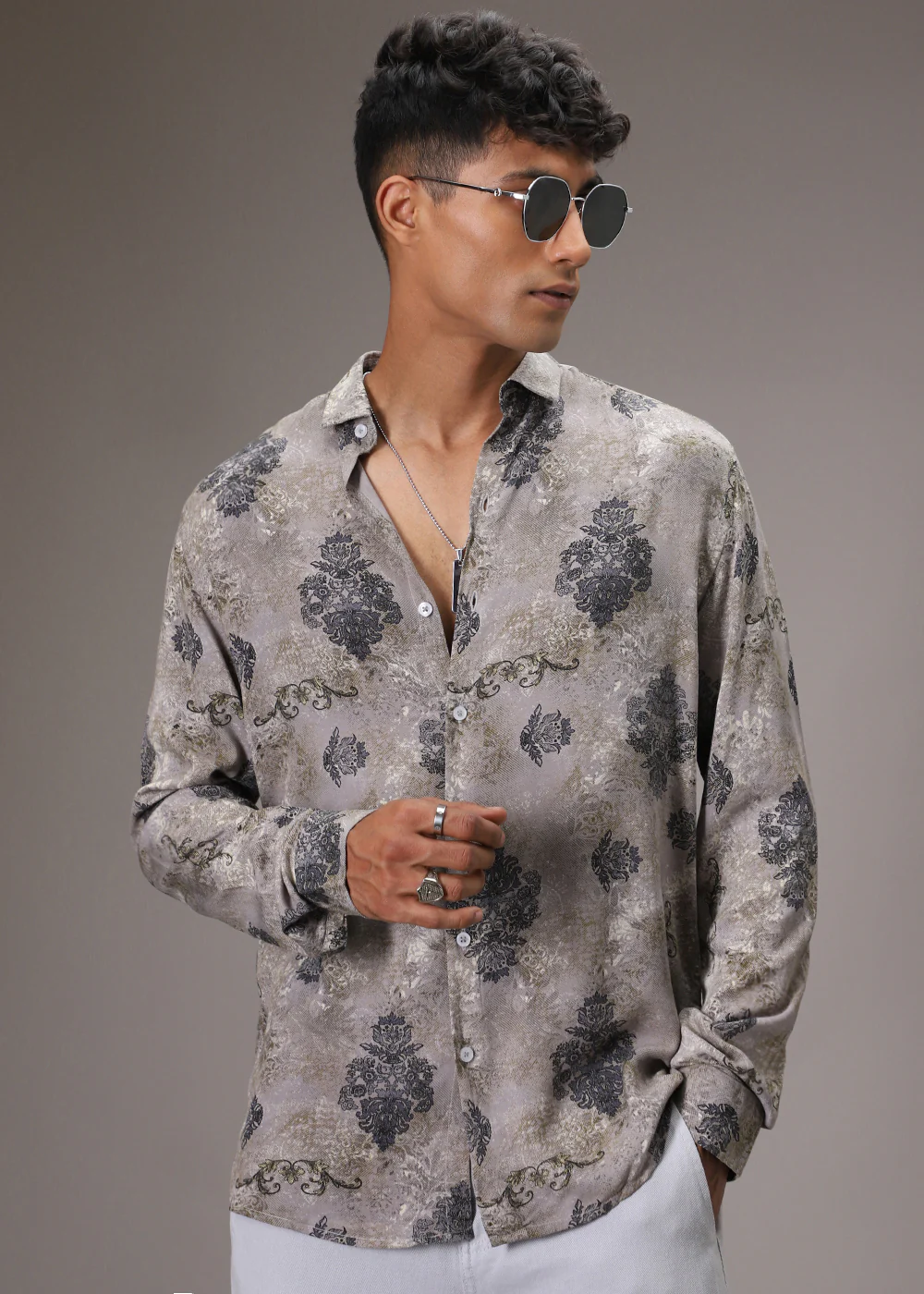 Grey Floral Print Feather Shirt - Image 8