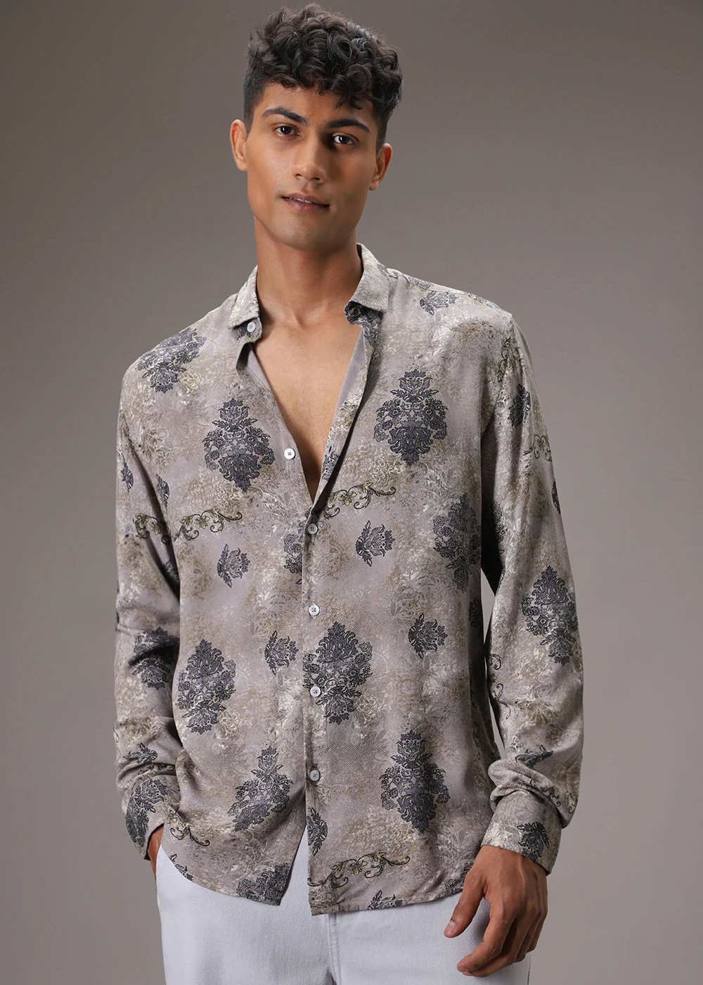 Grey Floral Print Feather Shirt - Image 9