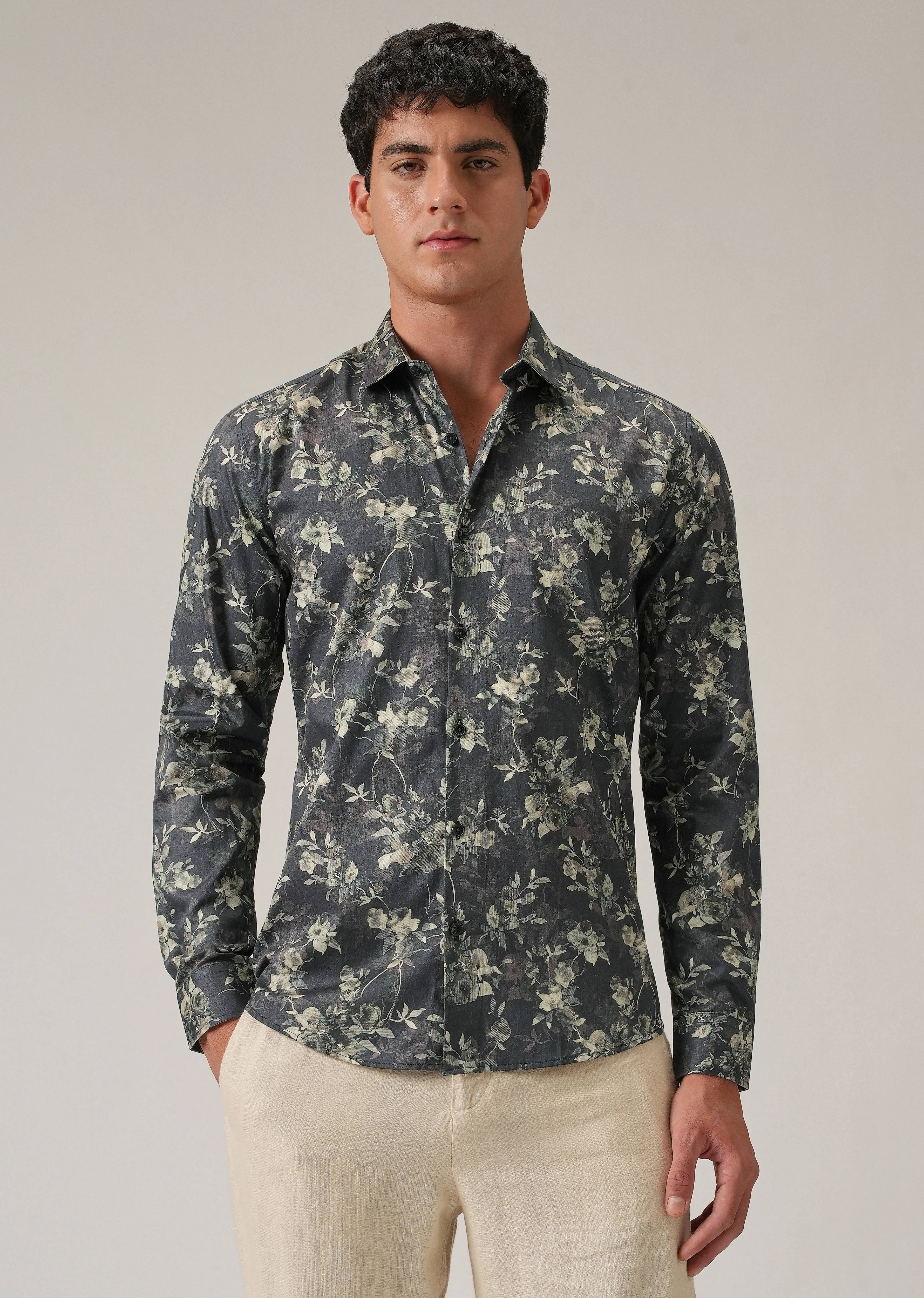 Grey Floral Print Shirt - Image 3