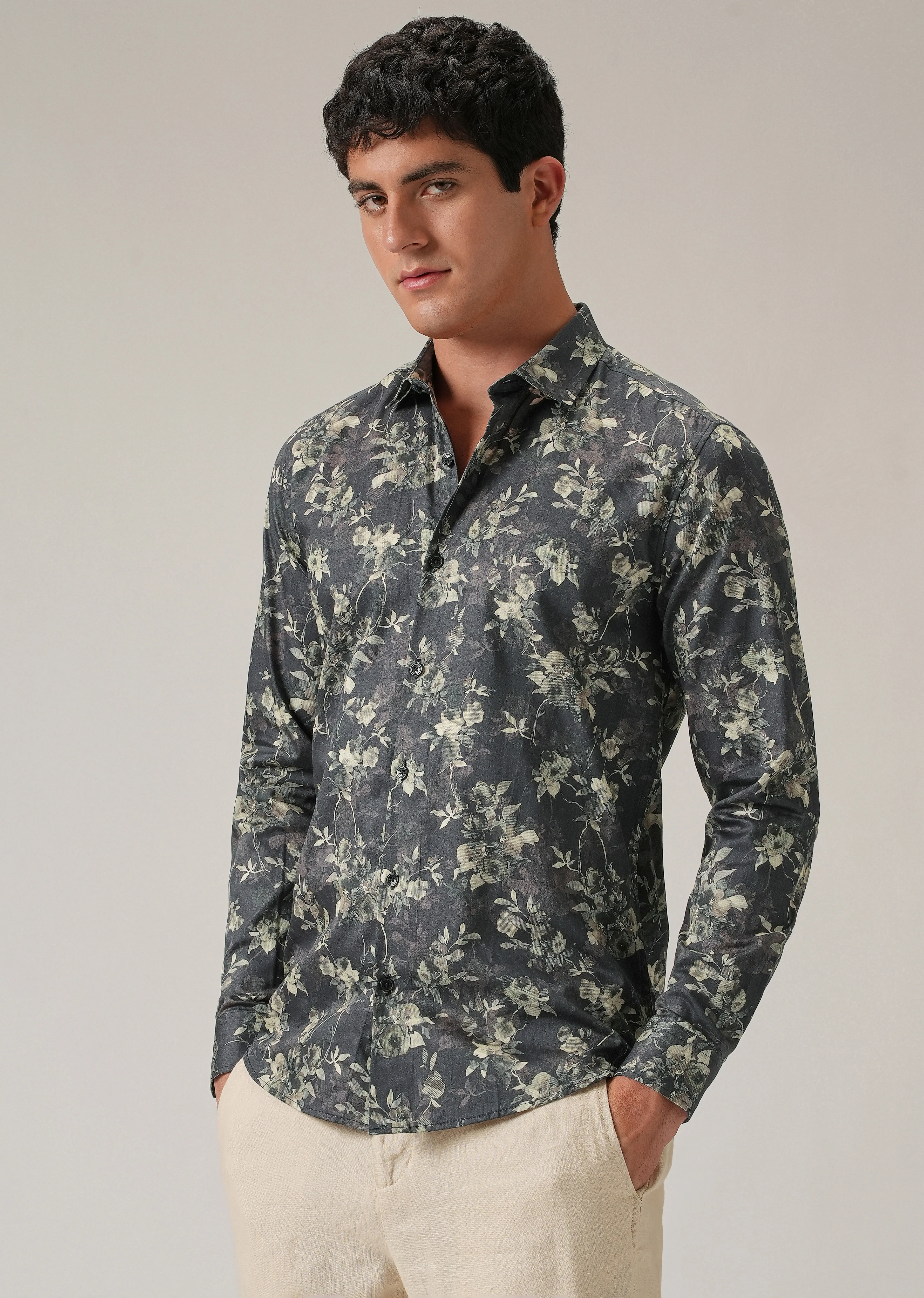 Grey Floral Print Shirt - Image 4