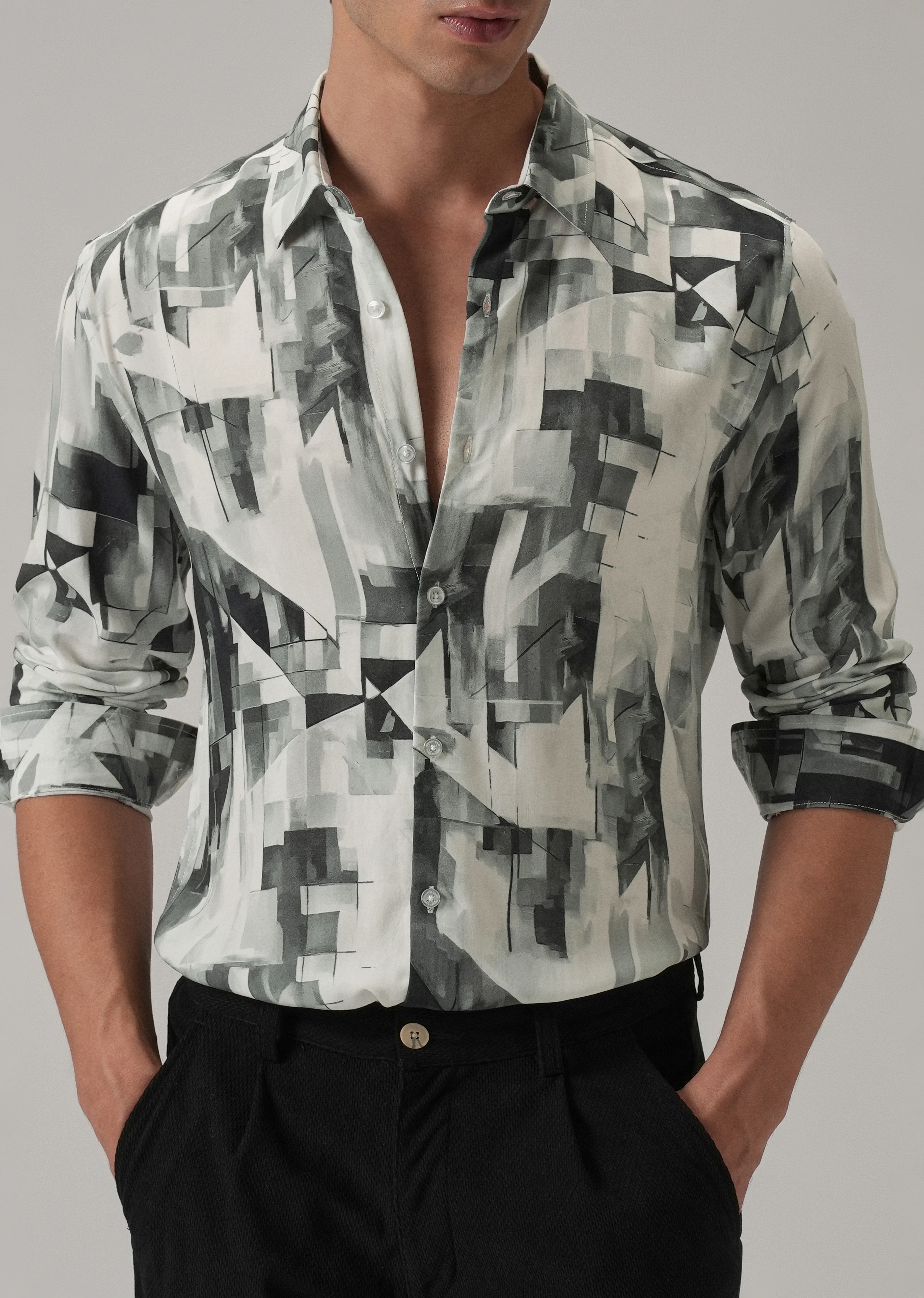 Grey Geometric Printed Shirt - Image 7