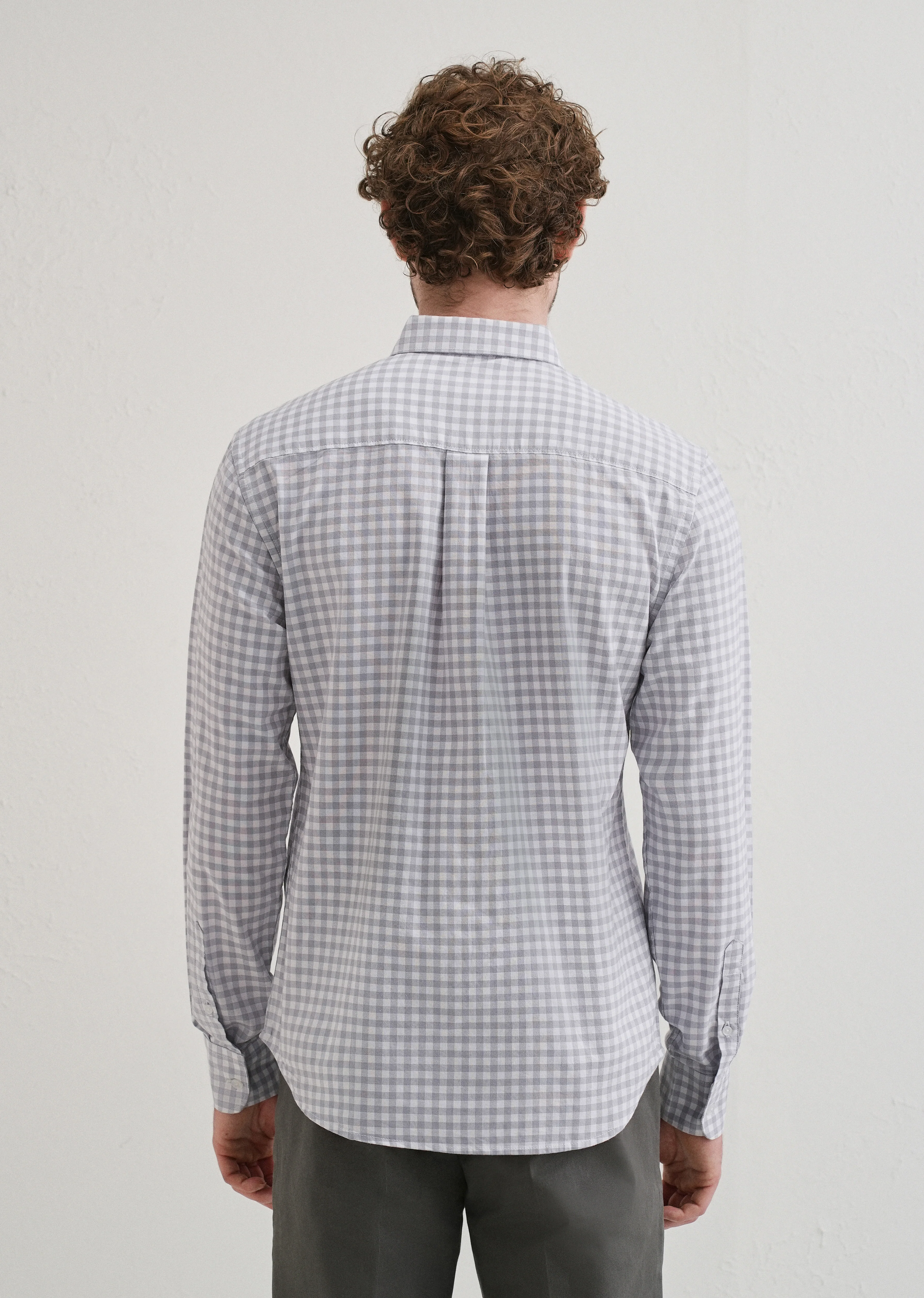 Grey Gingham Check Cotton Oxford Shirt - Image 2