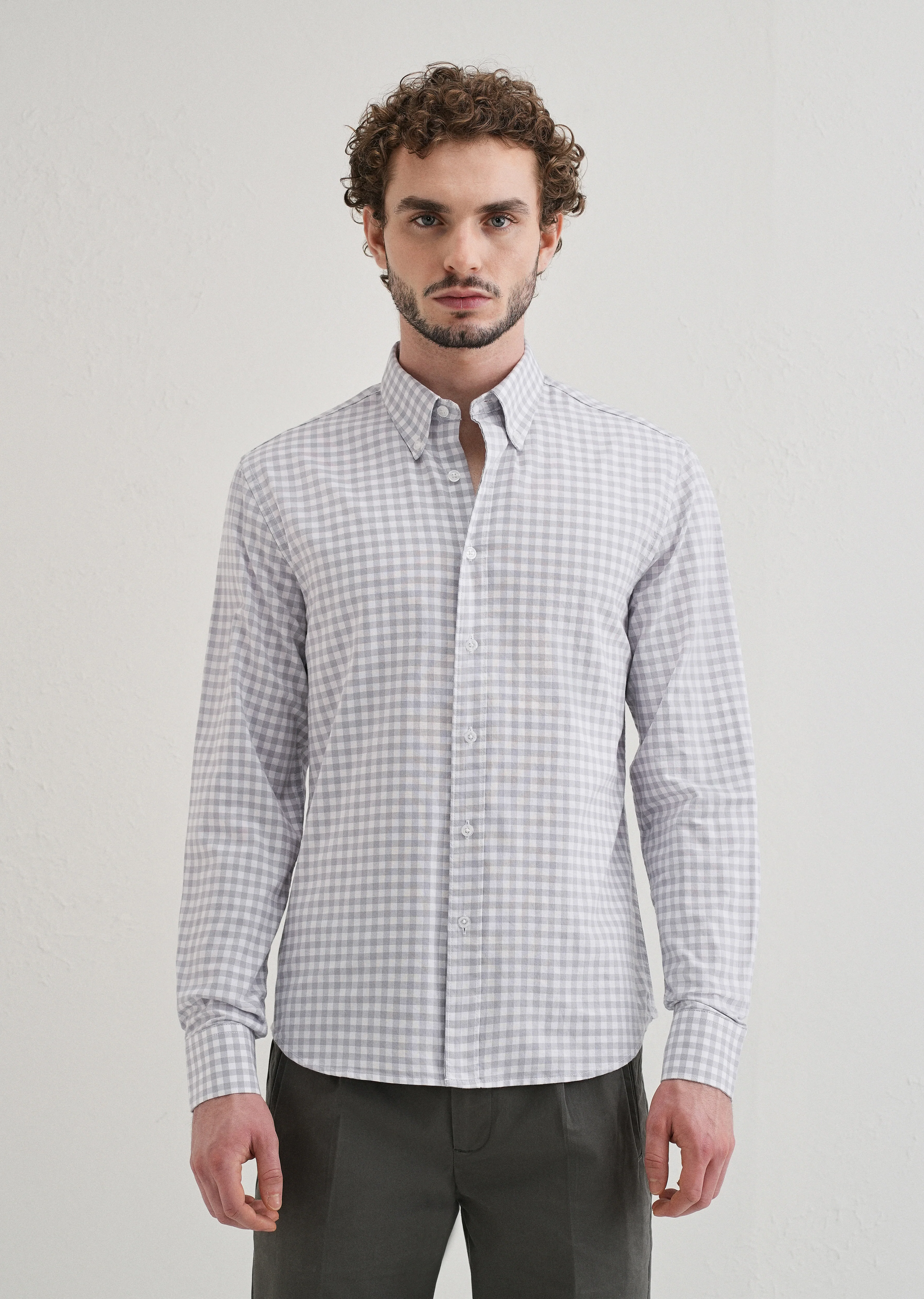 Grey Gingham Check Cotton Oxford Shirt - Image 3