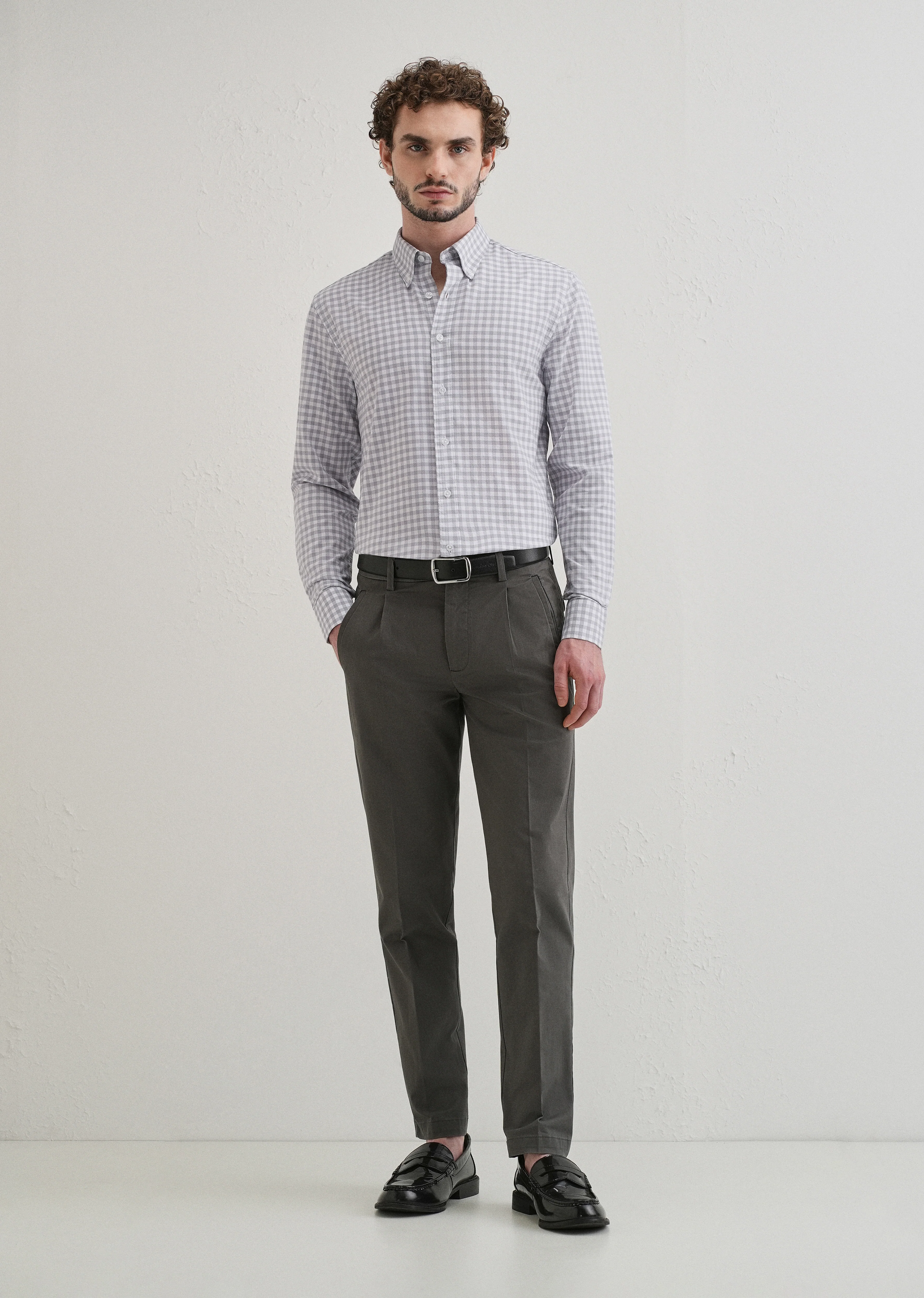 Grey Gingham Check Cotton Oxford Shirt - Image 6