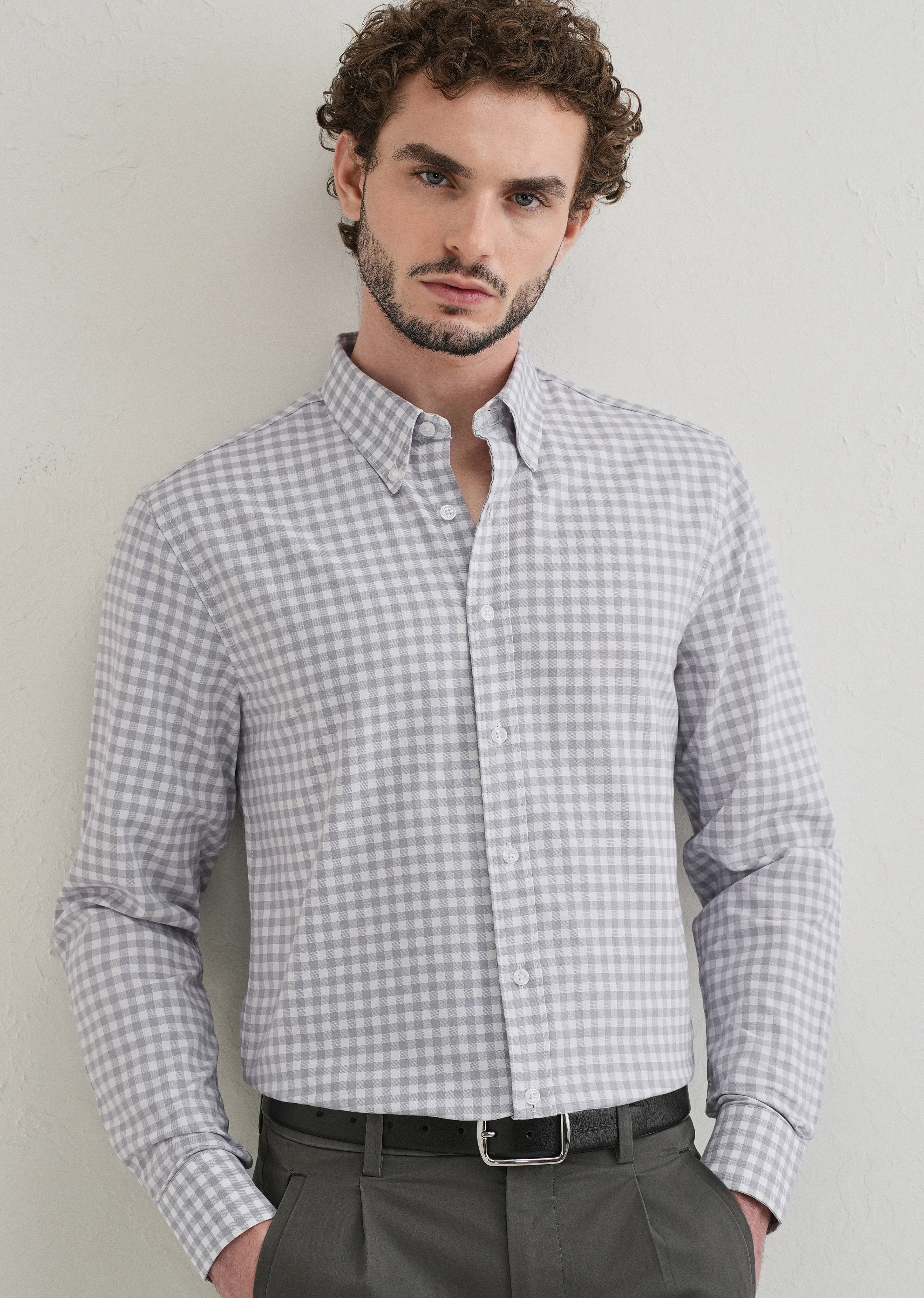 Grey Gingham Check Cotton Oxford Shirt - Image 7