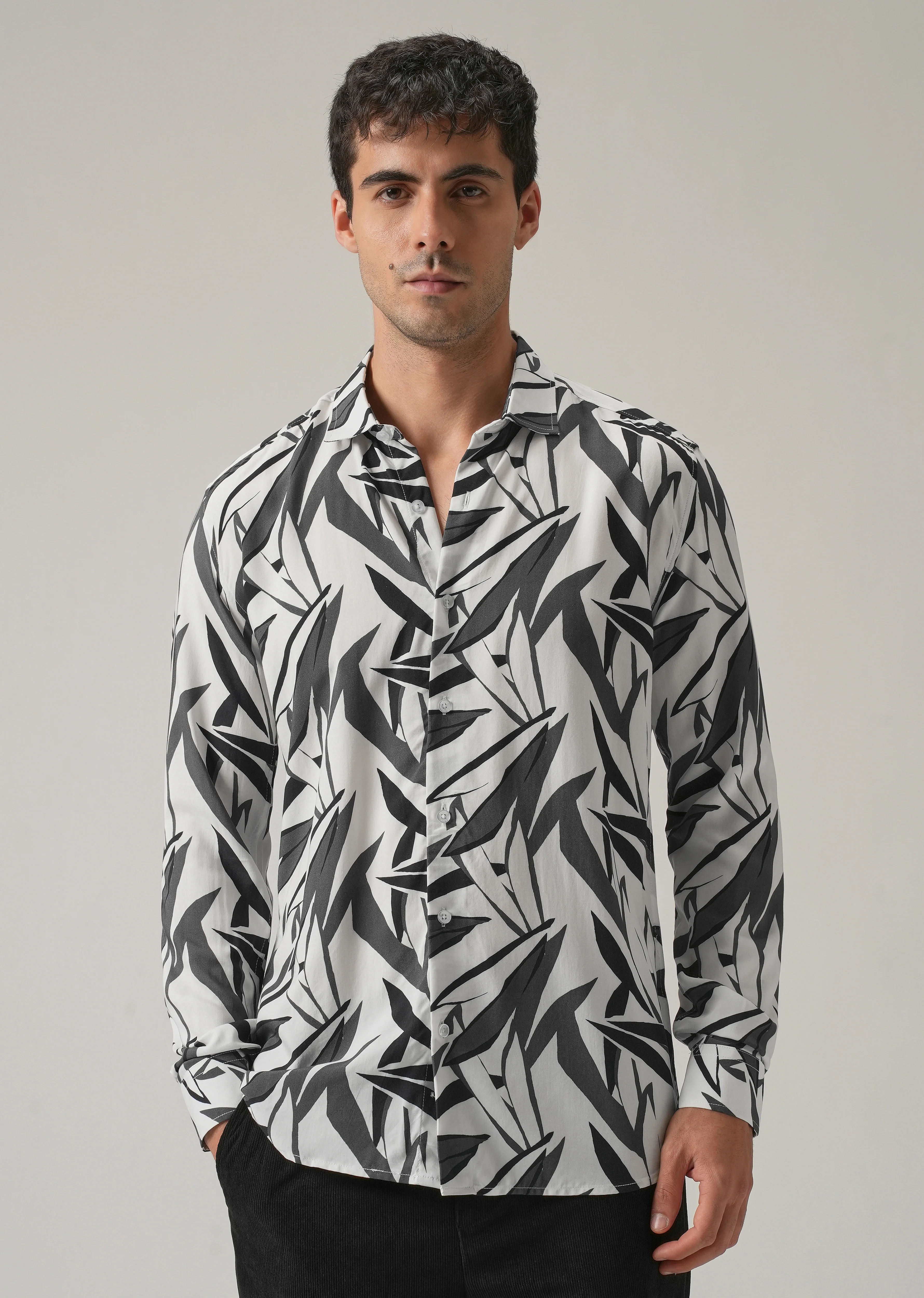Grey Graphic Leaf Printed Shirt - Image 3
