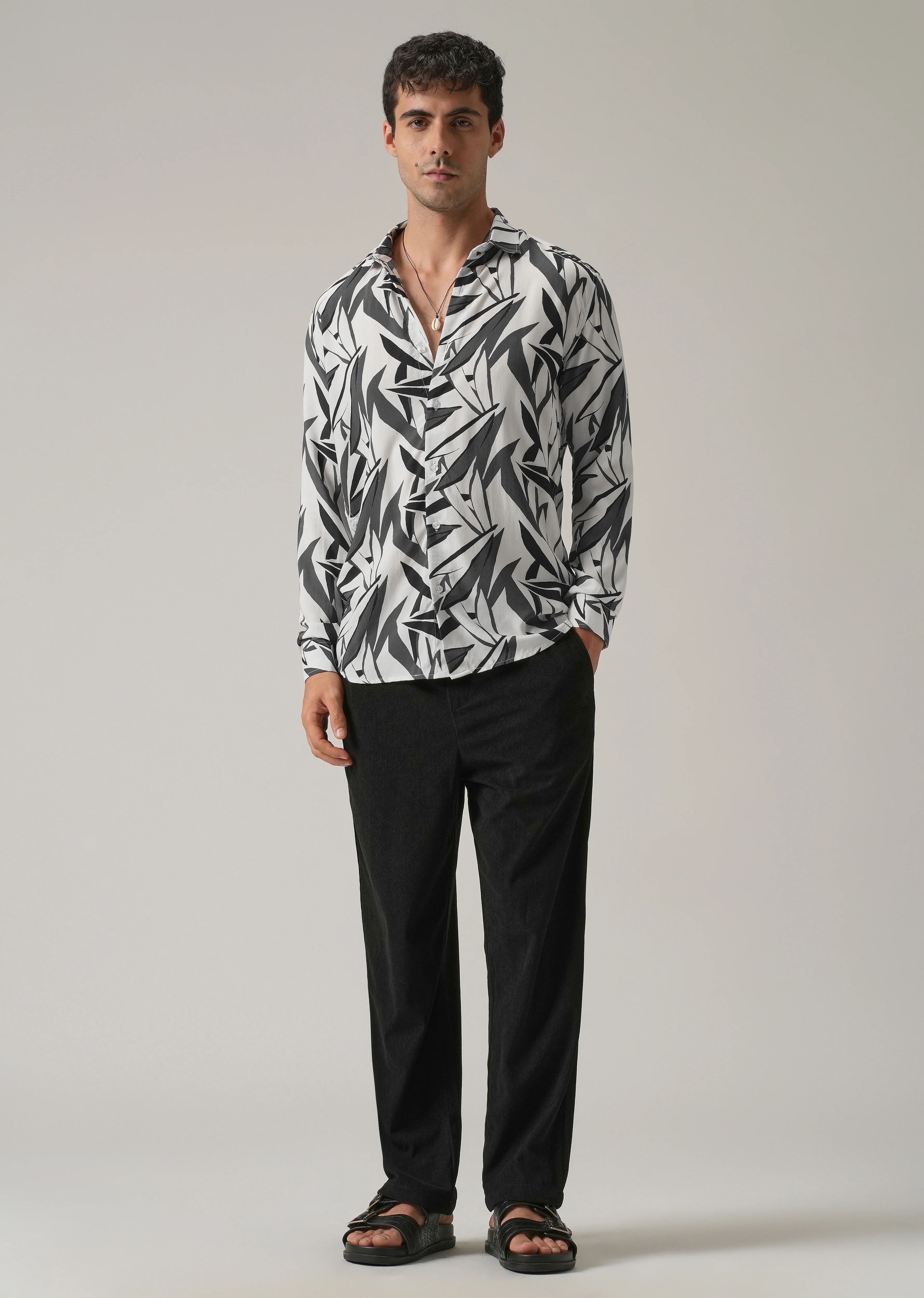 Grey Graphic Leaf Printed Shirt - Image 6