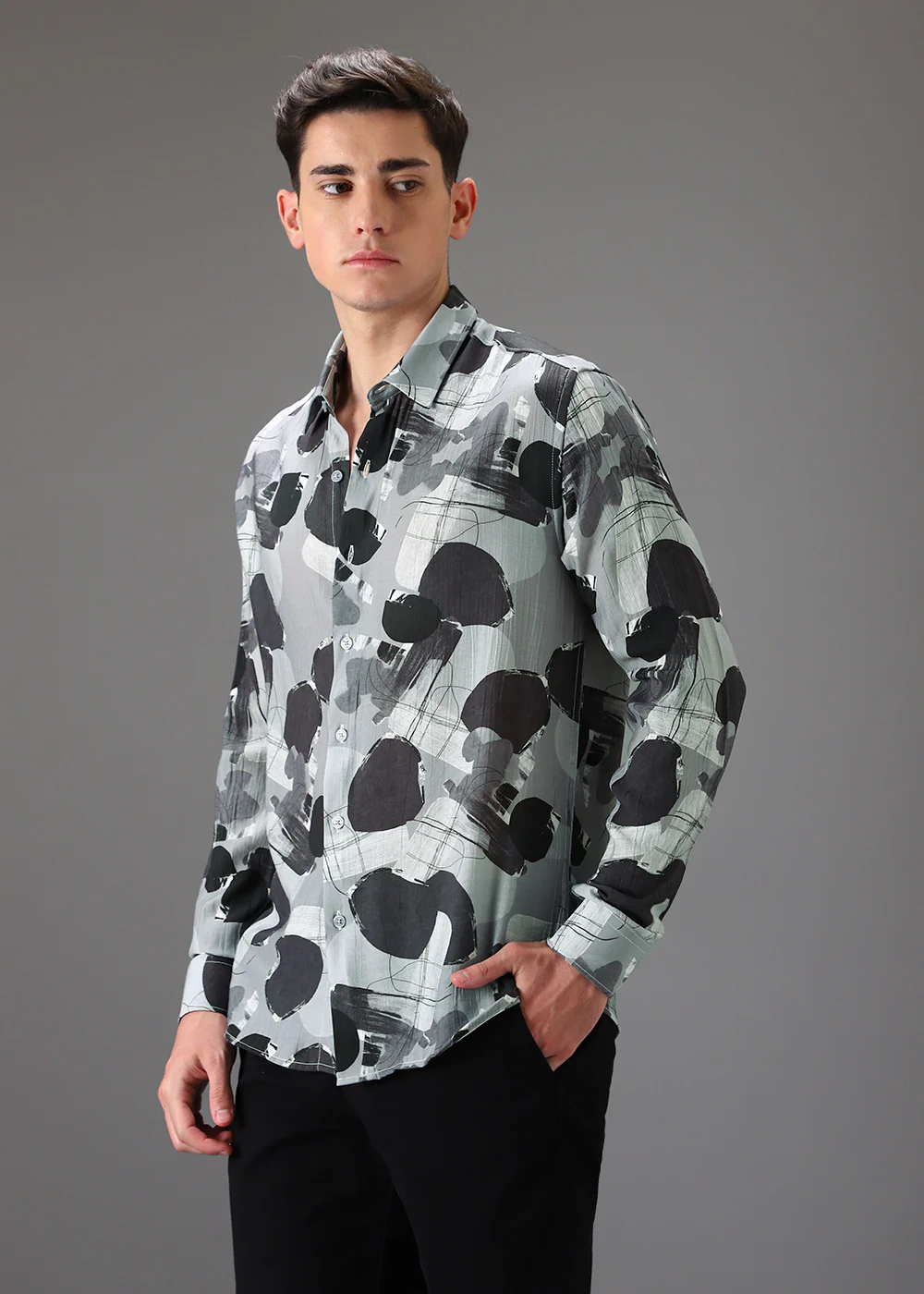Grey Line Abstract Crushed Printed Shirt - Image 5
