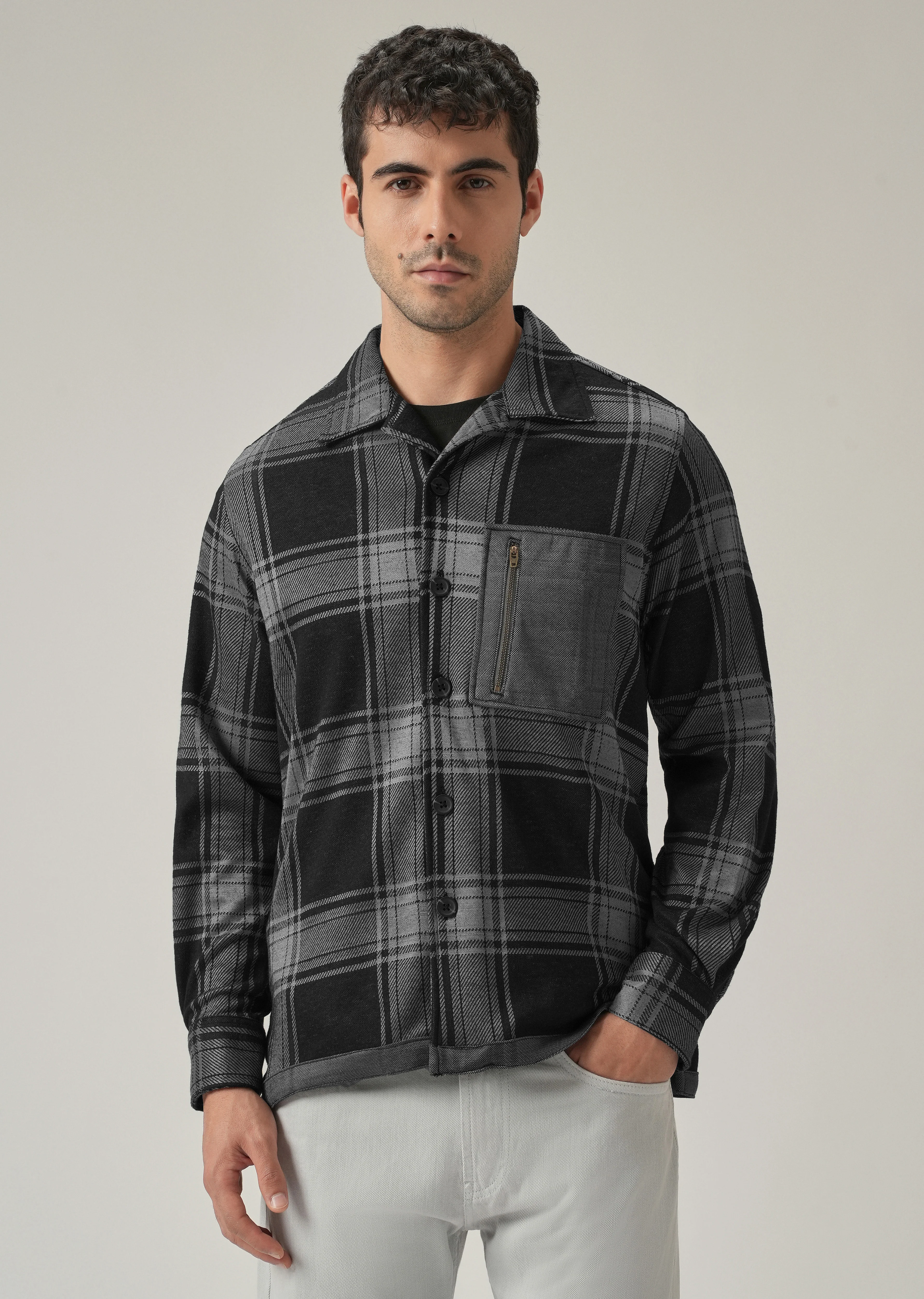 Grey Plaid Zip Pocket Shacket - Image 3