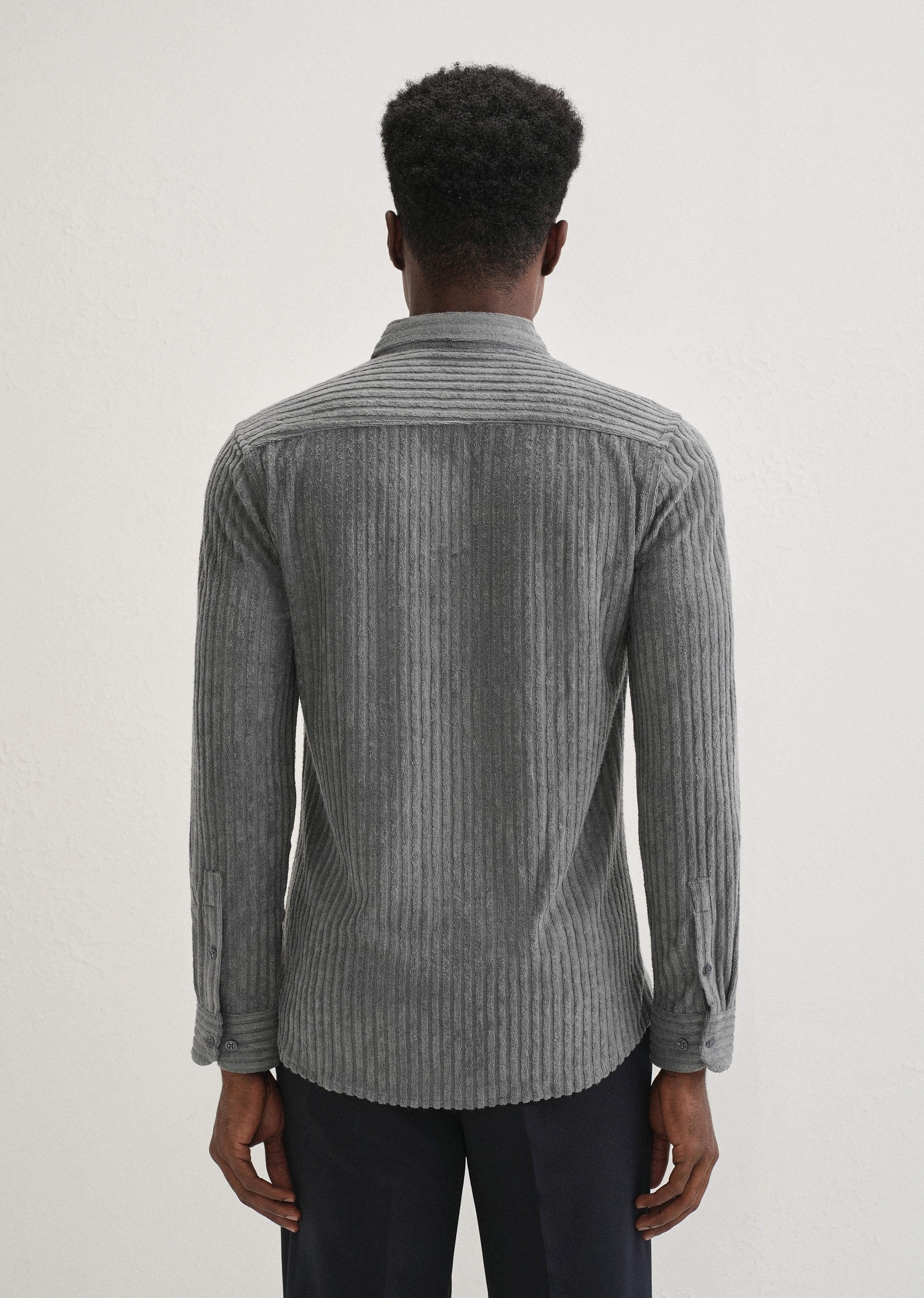 Grey Plain Corduroy Stripe Shirt - Image 3