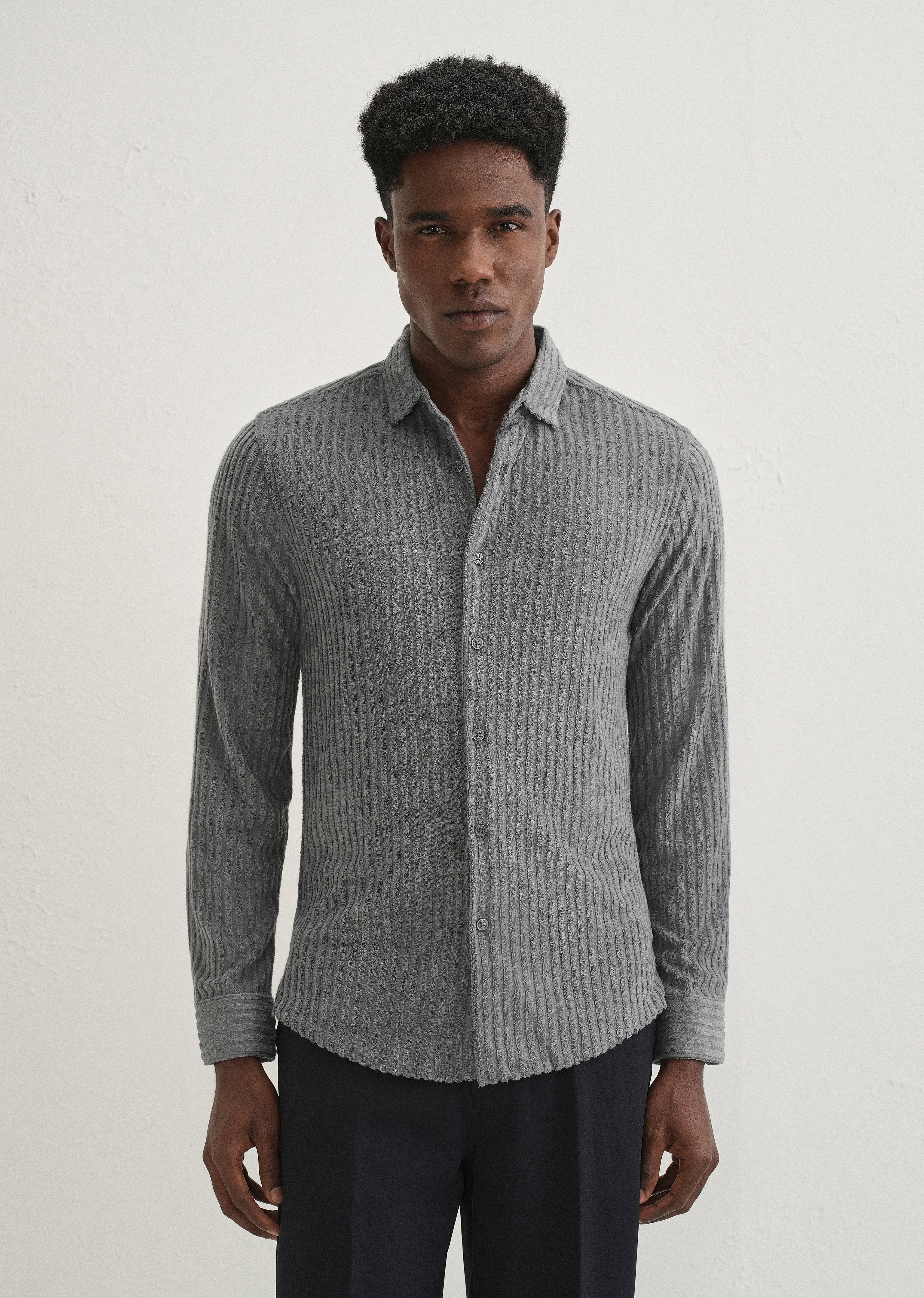 Grey Plain Corduroy Stripe Shirt - Image 4
