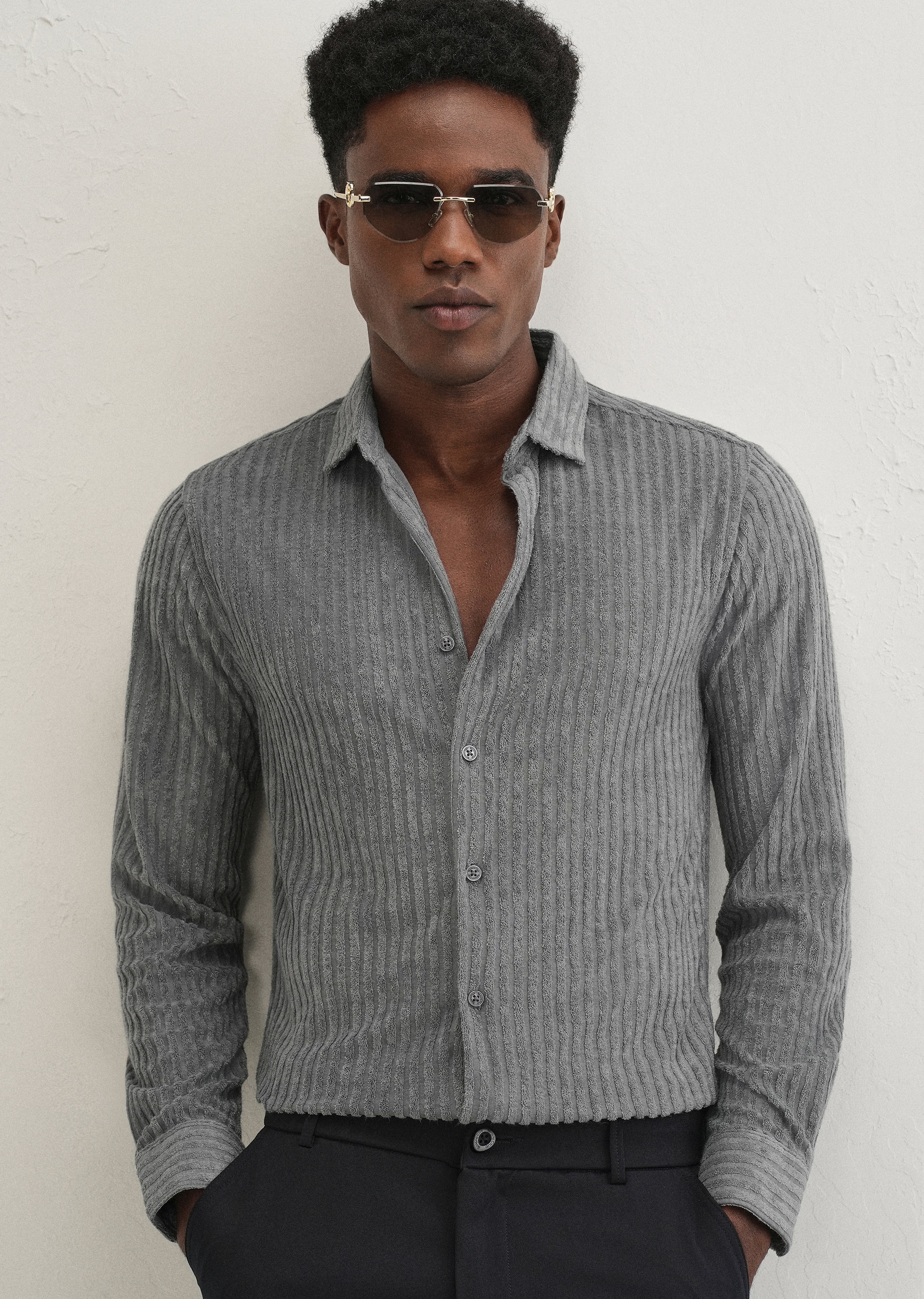 Grey Plain Corduroy Stripe Shirt - Image 7