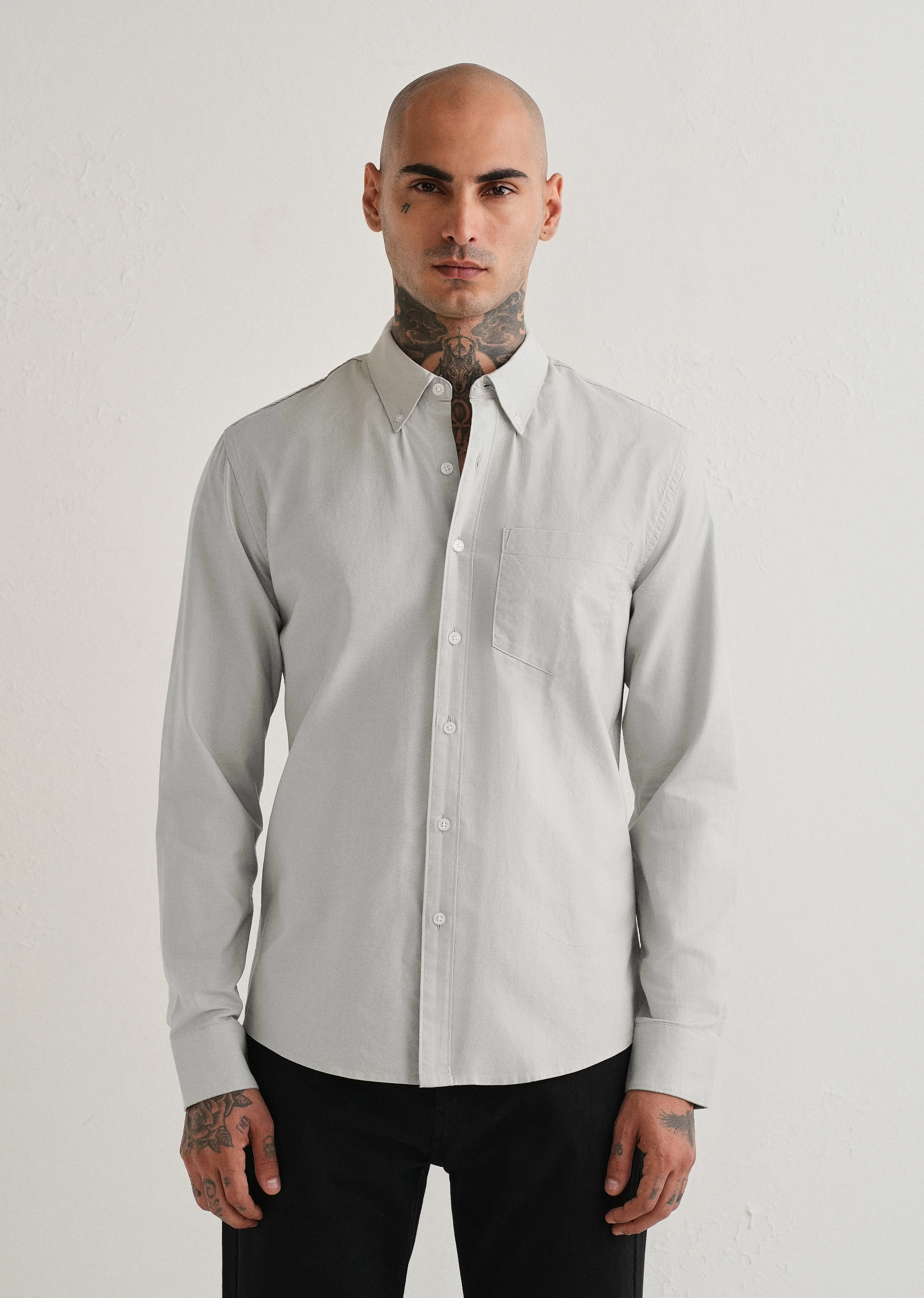 Grey Plain Cotton Oxford Shirt - Image 3