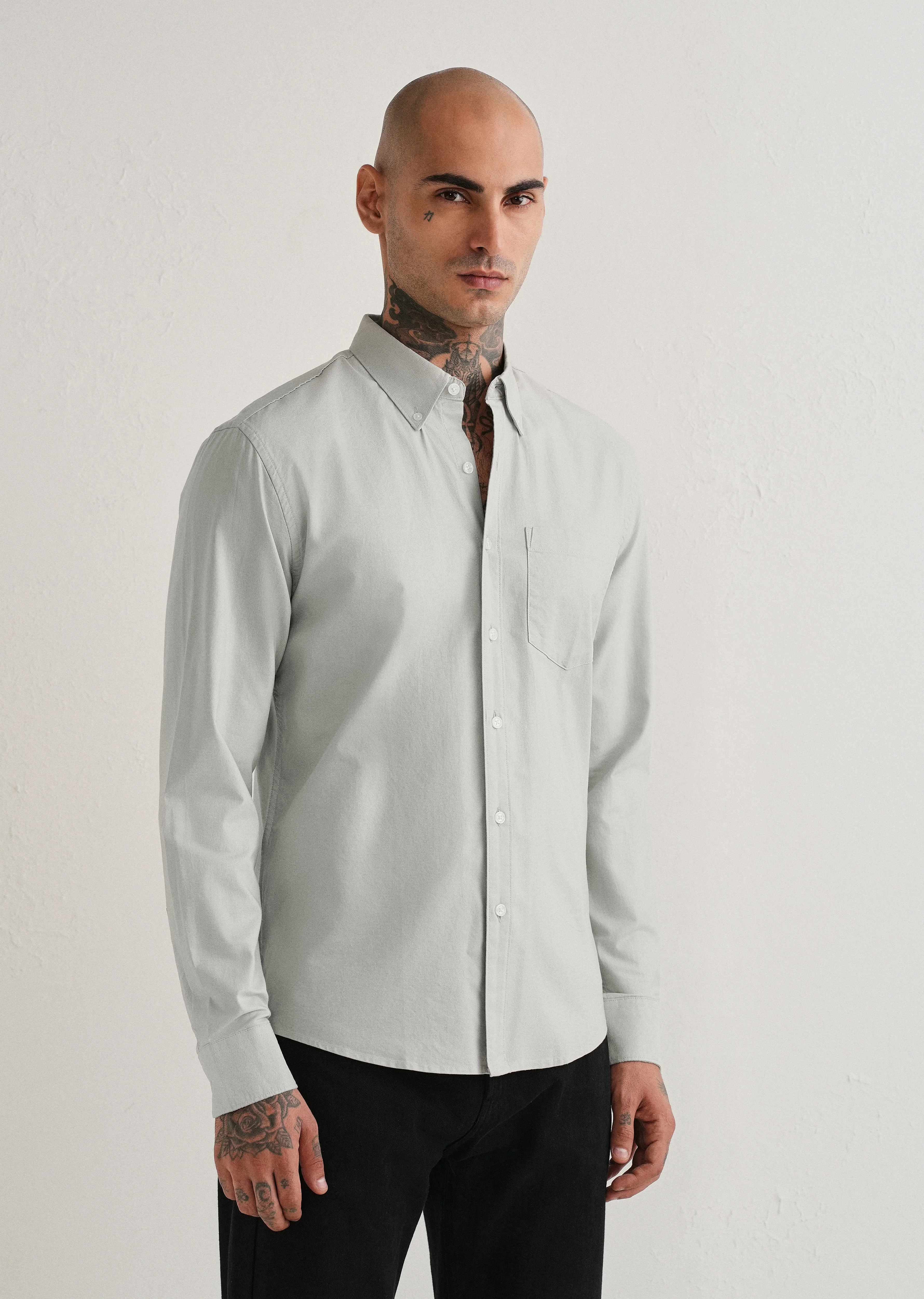 Grey Plain Cotton Oxford Shirt - Image 4